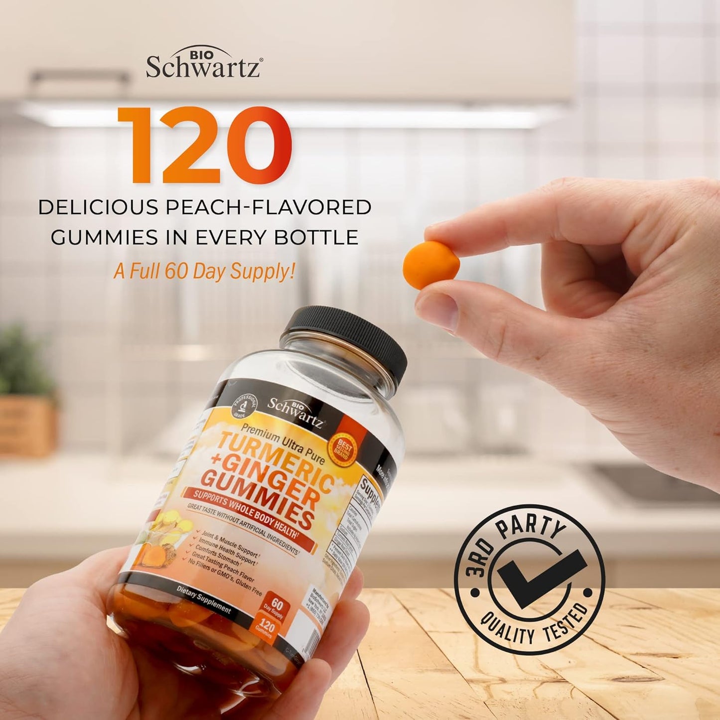 BioSchwartz Turmeric Curcumin with Ginger Gummies - Peach Flavor Joint Support Supplement, High Absorption, Non-GMO, Gluten Free - 120 Count