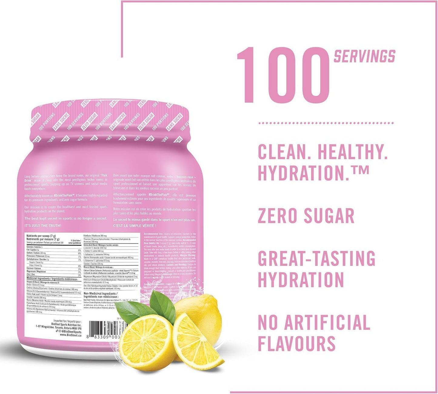 BIOSTEEL Zero Sugar Pink Lemonade Hydration Mix with 5 Essential Electrolytes - 100 Servings