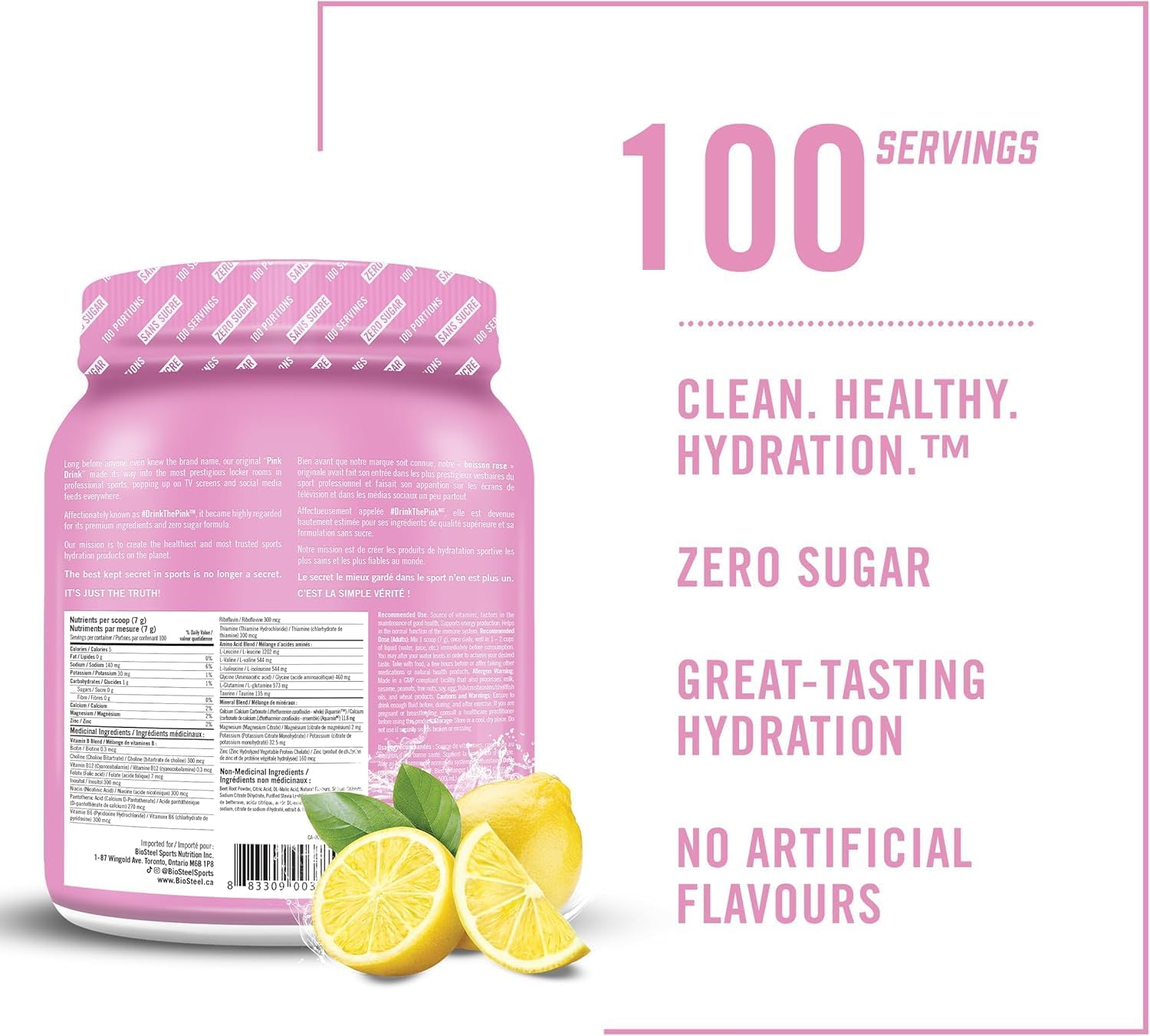 BIOSTEEL Zero Sugar Pink Lemonade Hydration Mix with 5 Essential Electrolytes - 100 Servings