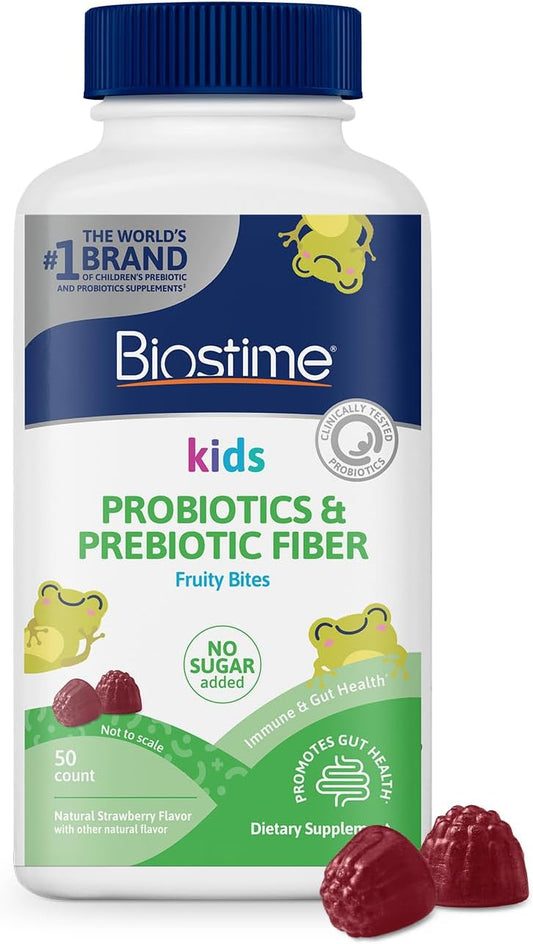Biostime Kids Probiotic & Prebiotic Fiber Fruity Bites - 50 Count, 3g FOS for Digestive Health, No Sugar, Allergen-Free.