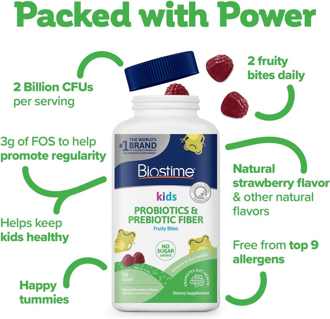 Biostime Kids Probiotic & Prebiotic Fiber Fruity Bites - 50 Count, 3g FOS for Digestive Health, No Sugar, Allergen-Free.