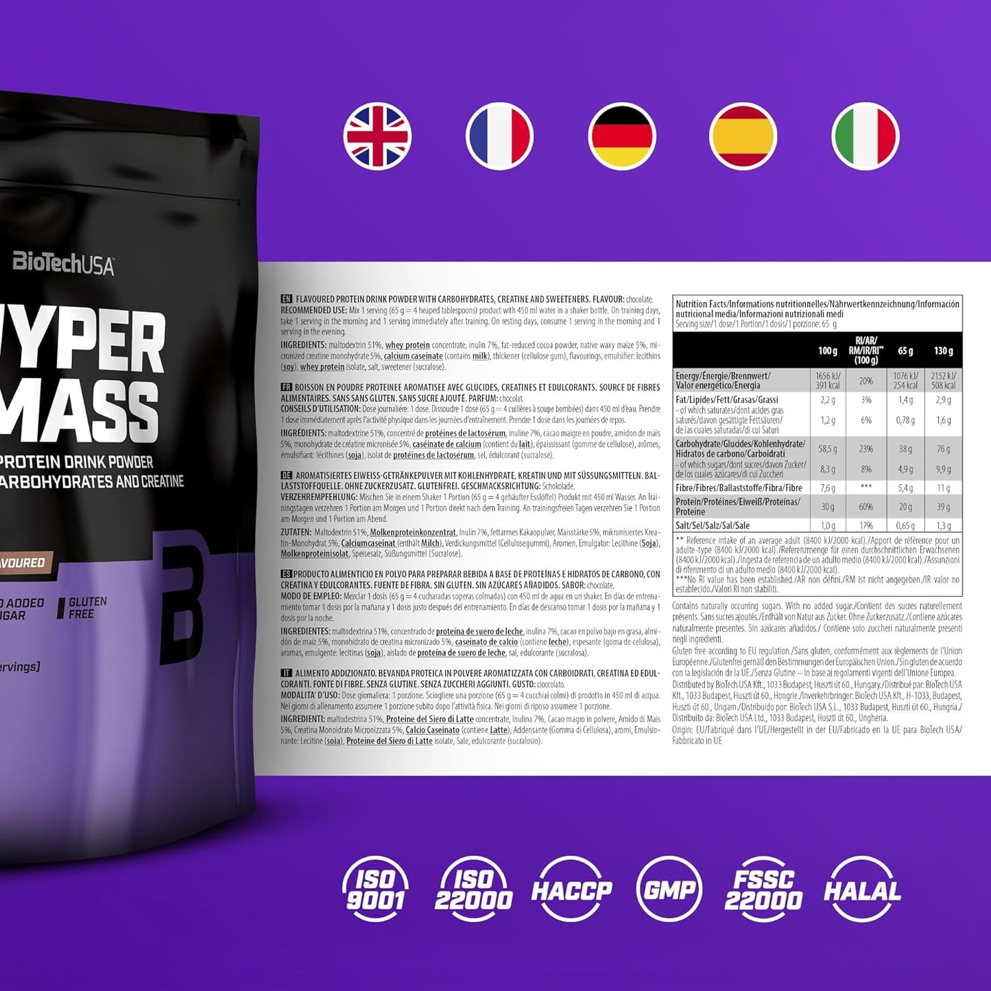 Biotechusa Hyper Mass 5000 Weight Gainer Chocolate Flavor 1000g - High-Calorie Protein Supplement