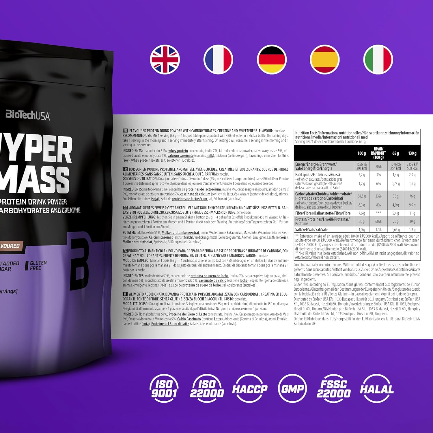 Biotechusa Hyper Mass 5000 Weight Gainer Chocolate Flavor 1000g - High-Calorie Protein Supplement