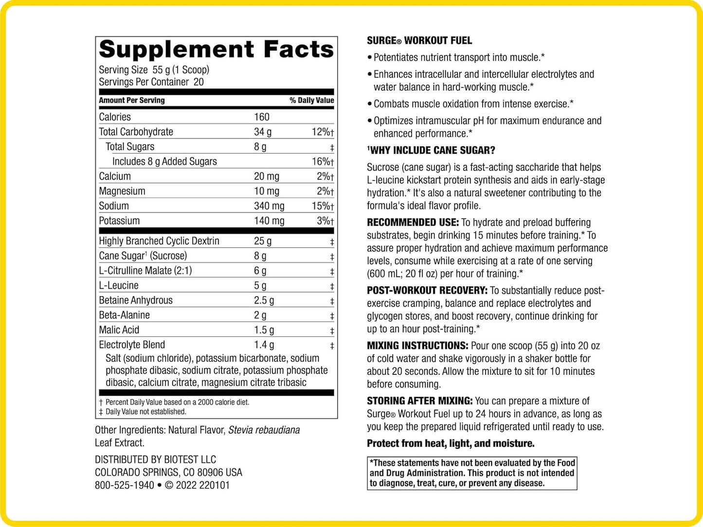 Biotest Surge Intra Performance - 50g Muscle Fuel with Cluster Dextrin & Beta-Alanine - 20 Servings, Lemon Flavor - Power, Gains & Recovery Formula