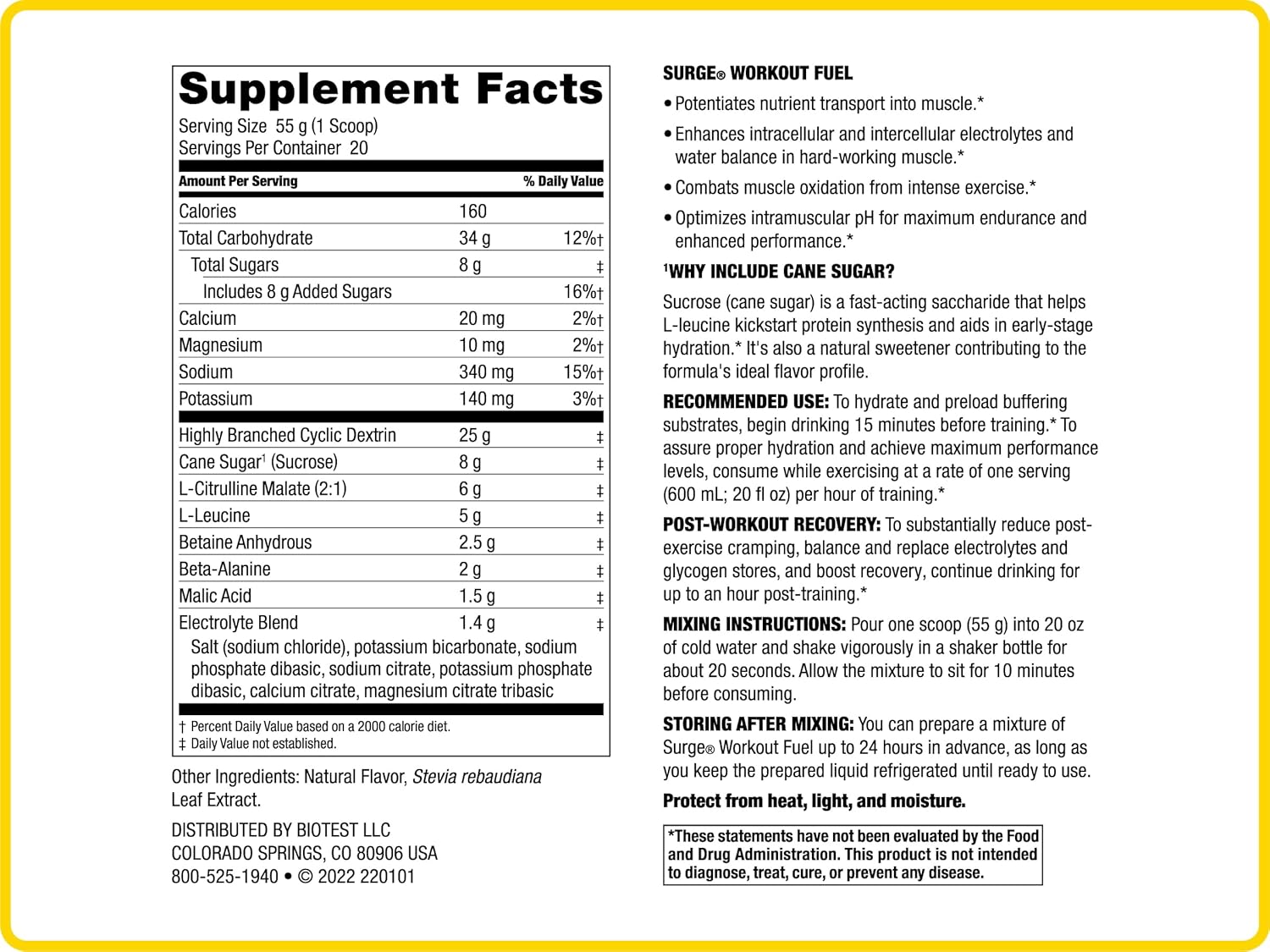 Biotest Surge Intra Performance - 50g Muscle Fuel with Cluster Dextrin & Beta-Alanine - 20 Servings, Lemon Flavor - Power, Gains & Recovery Formula