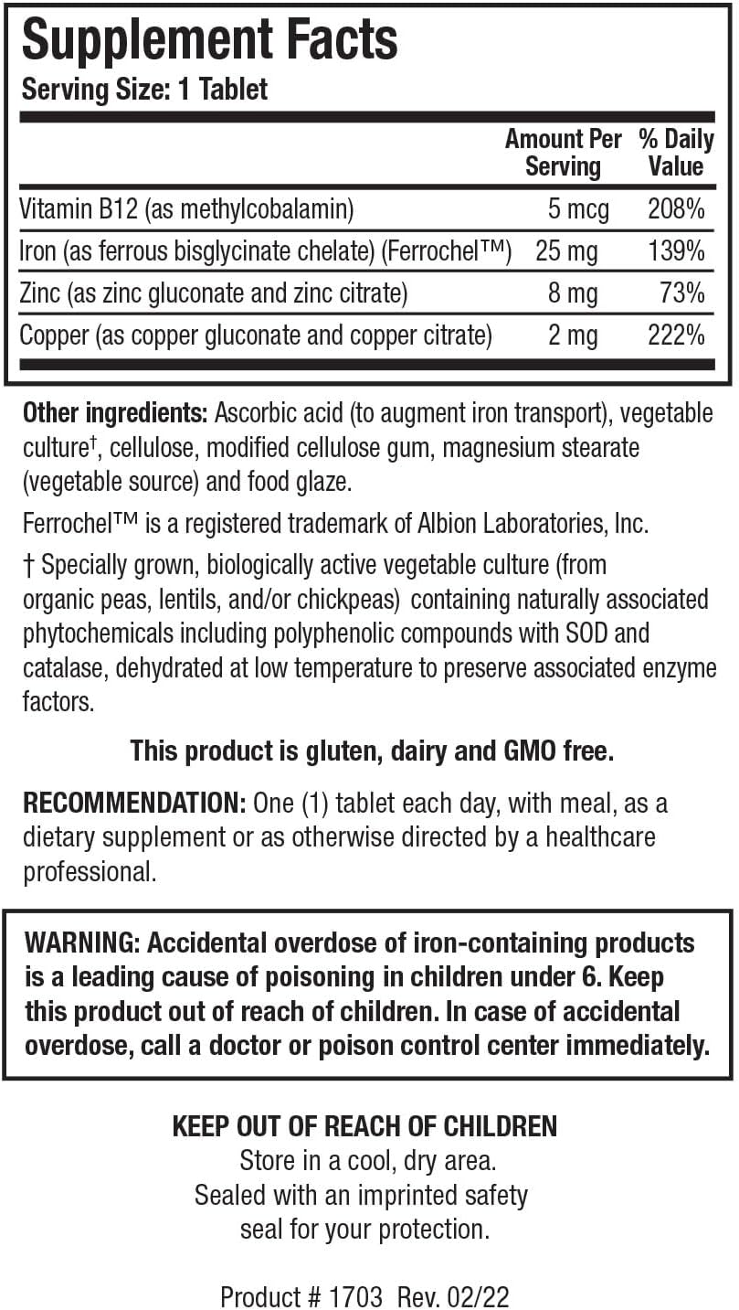 Biotics Research Fe-Zyme Iron Supplement with Zinc and Copper for Energy and Red Blood Cell Production - 100 Tablets