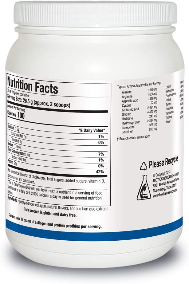 Biotics Research Hydrolyzed Collagen Protein Powder - Vanilla Crème Flavor, 21g Protein, Non-GMO, Gluten-Free, 28 oz