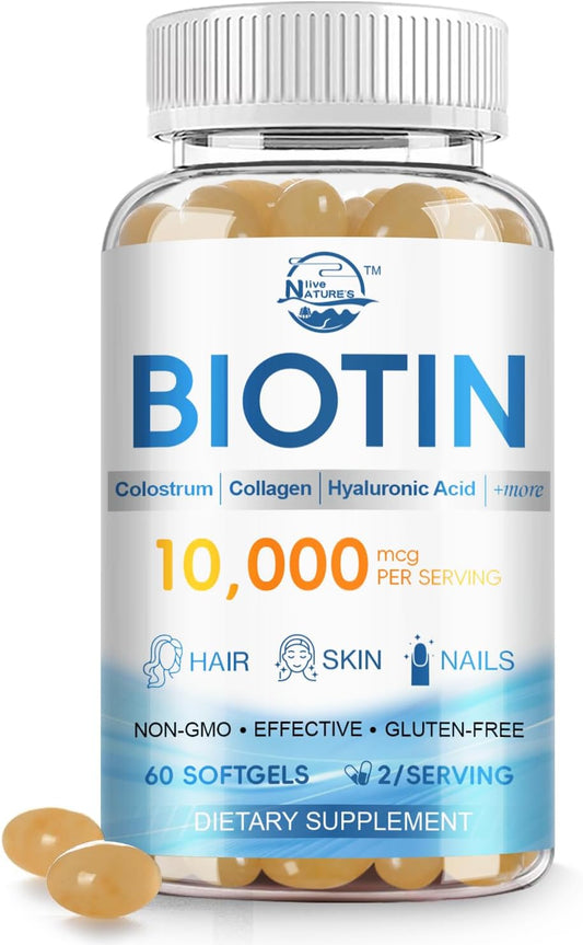 Biotin 10,000 mcg Hair Skin and Nails Vitamins with Collagen and Hyaluronic Acid - Non-GMO & Gluten Free 1 Pack