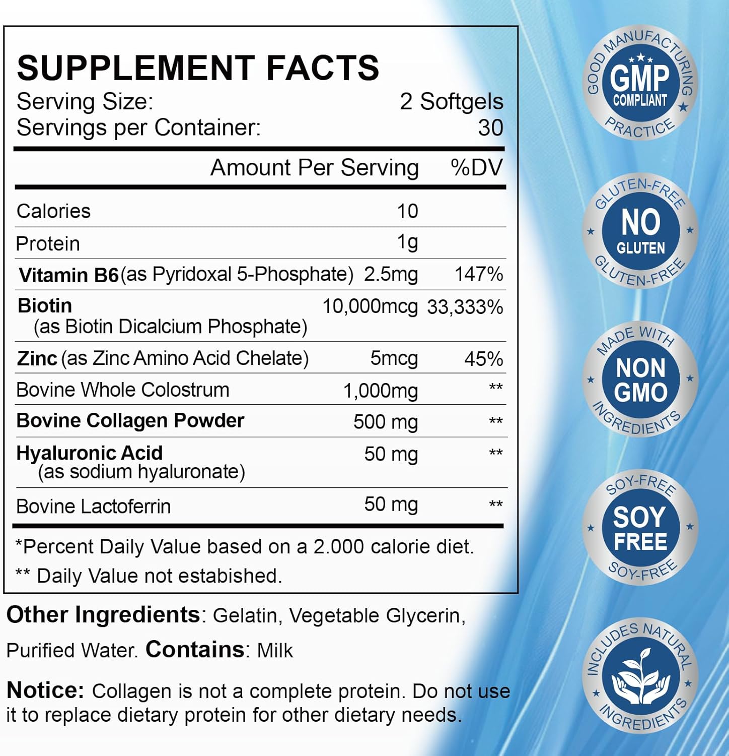 Biotin 10,000 mcg Hair Skin and Nails Vitamins with Collagen and Hyaluronic Acid - Non-GMO & Gluten Free 1 Pack