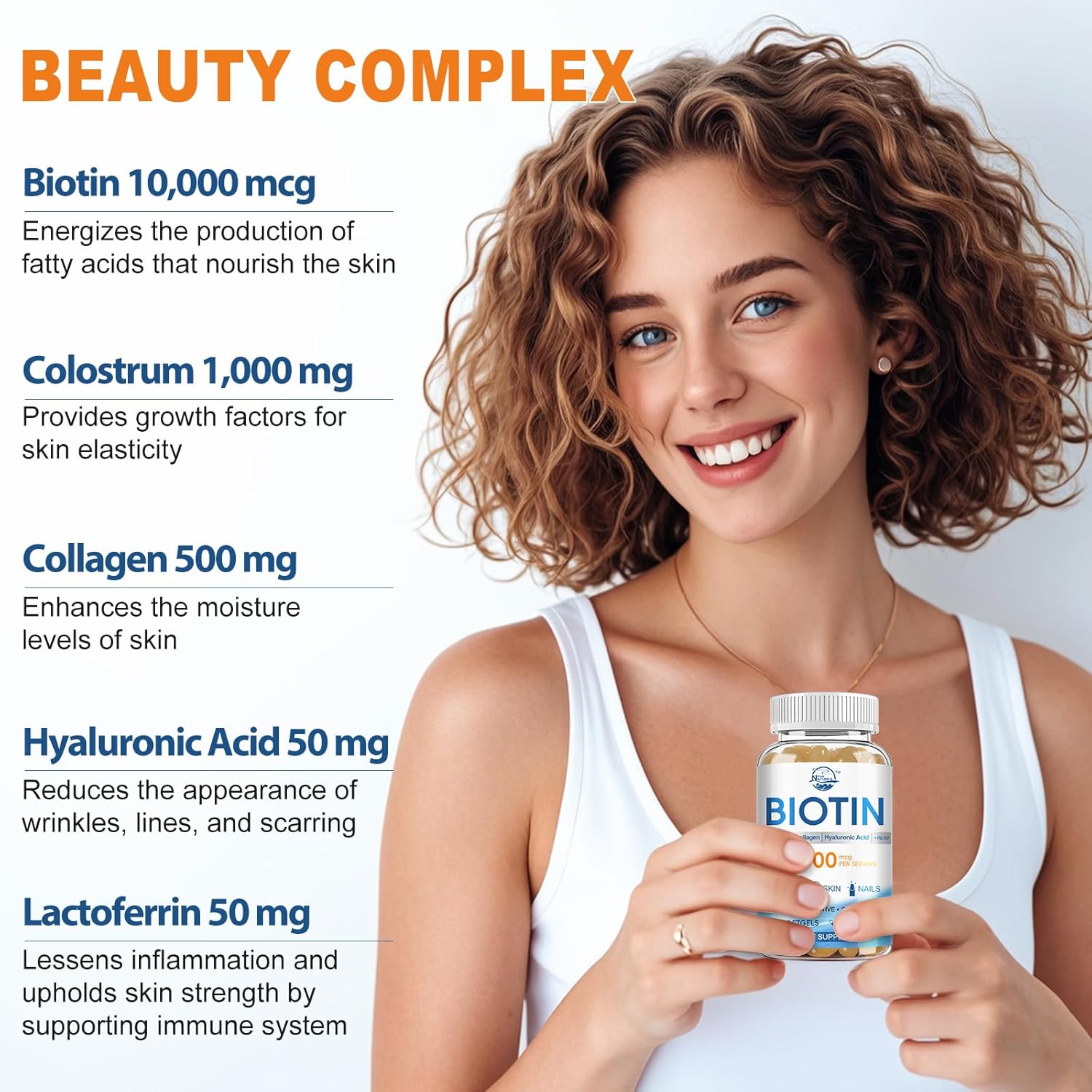 Biotin 10,000 mcg Hair Skin and Nails Vitamins with Collagen and Hyaluronic Acid - Non-GMO & Gluten Free 1 Pack