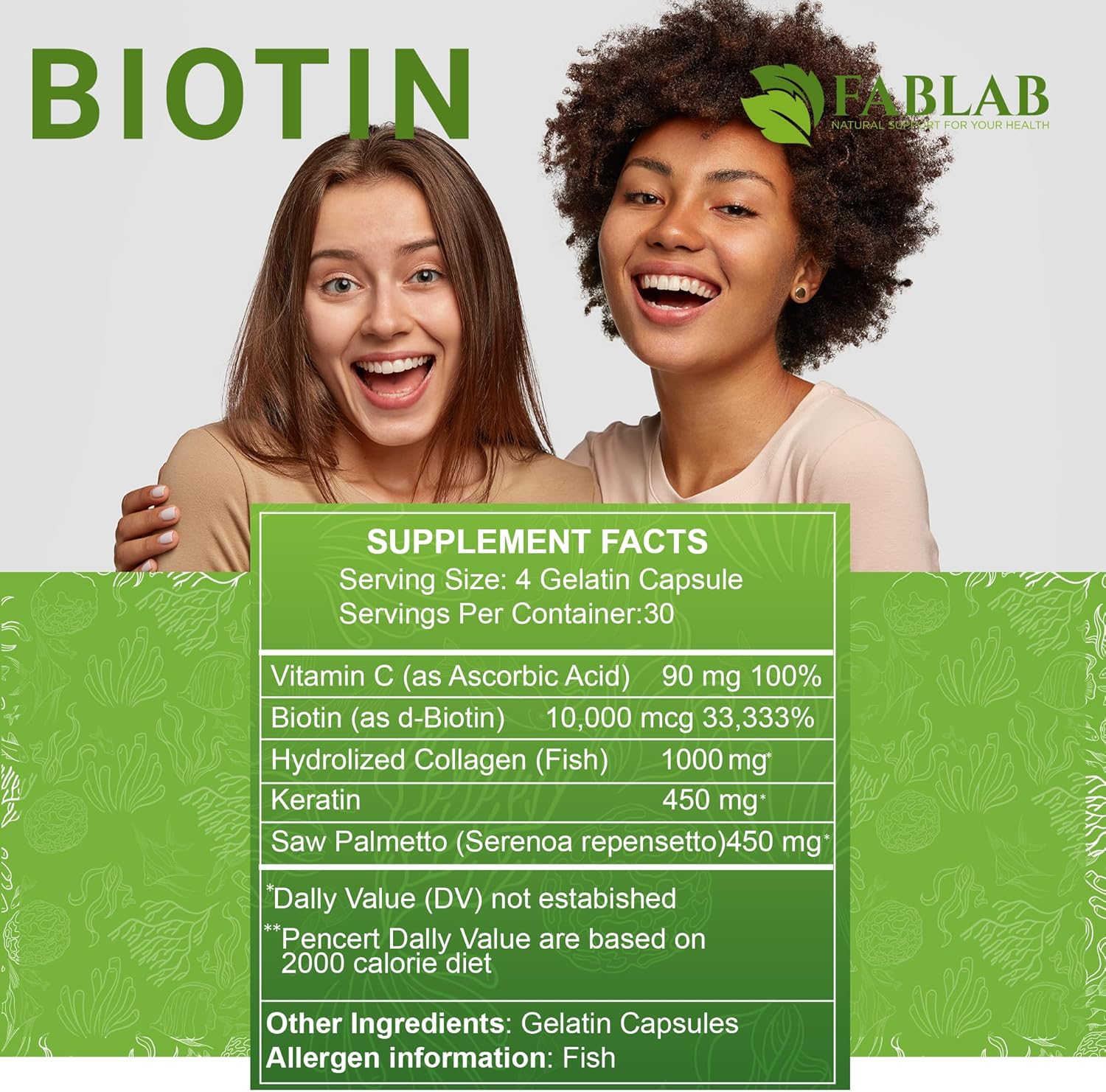 Biotin 10000 mcg Vitamins with Collagen, Keratin & Saw Palmetto - Hair Skin Nails Supplement - USA Made - 120 Capsules