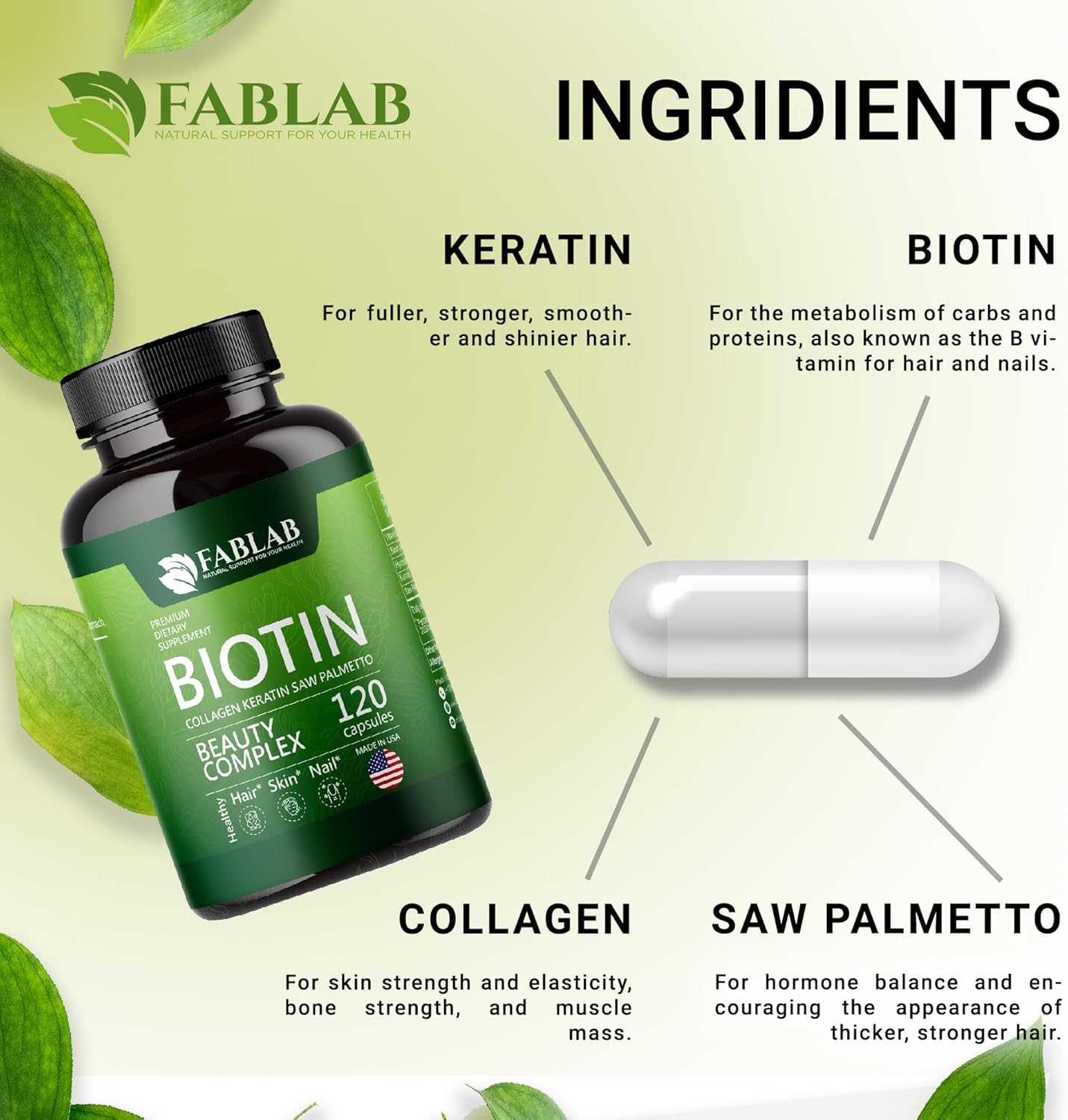 Biotin 10000 mcg Vitamins with Collagen, Keratin & Saw Palmetto - Hair Skin Nails Supplement - USA Made - 120 Capsules