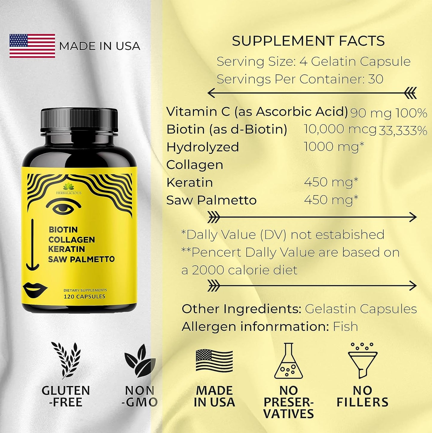 Biotin 10000 mcg Vitamins with Collagen, Keratin & Saw Palmetto - Hair Skin Nails Supplement - Made in USA - 120 Capsules