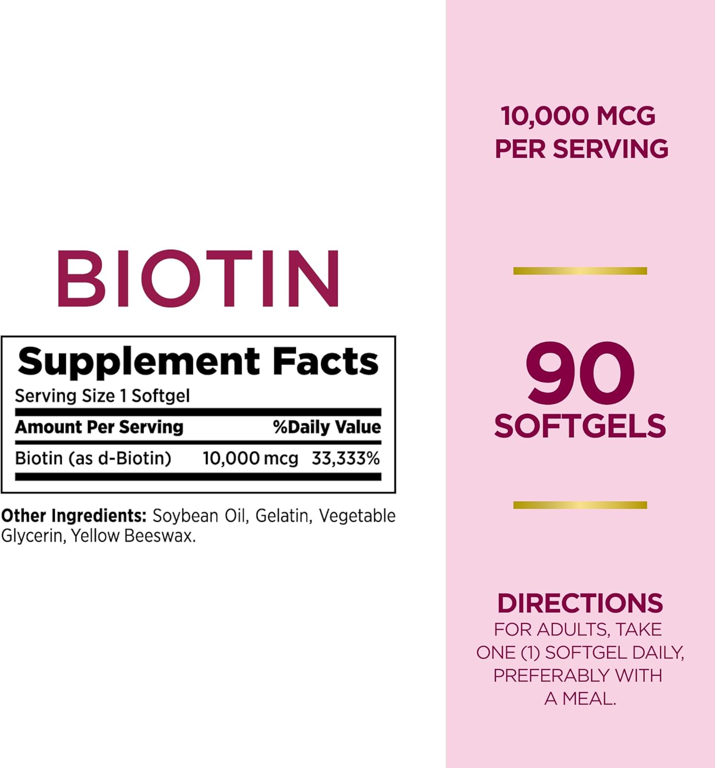 Biotin 10000mcg Supplement for Healthy Hair, Skin, and Nails - 90 Rapid Release Softgels