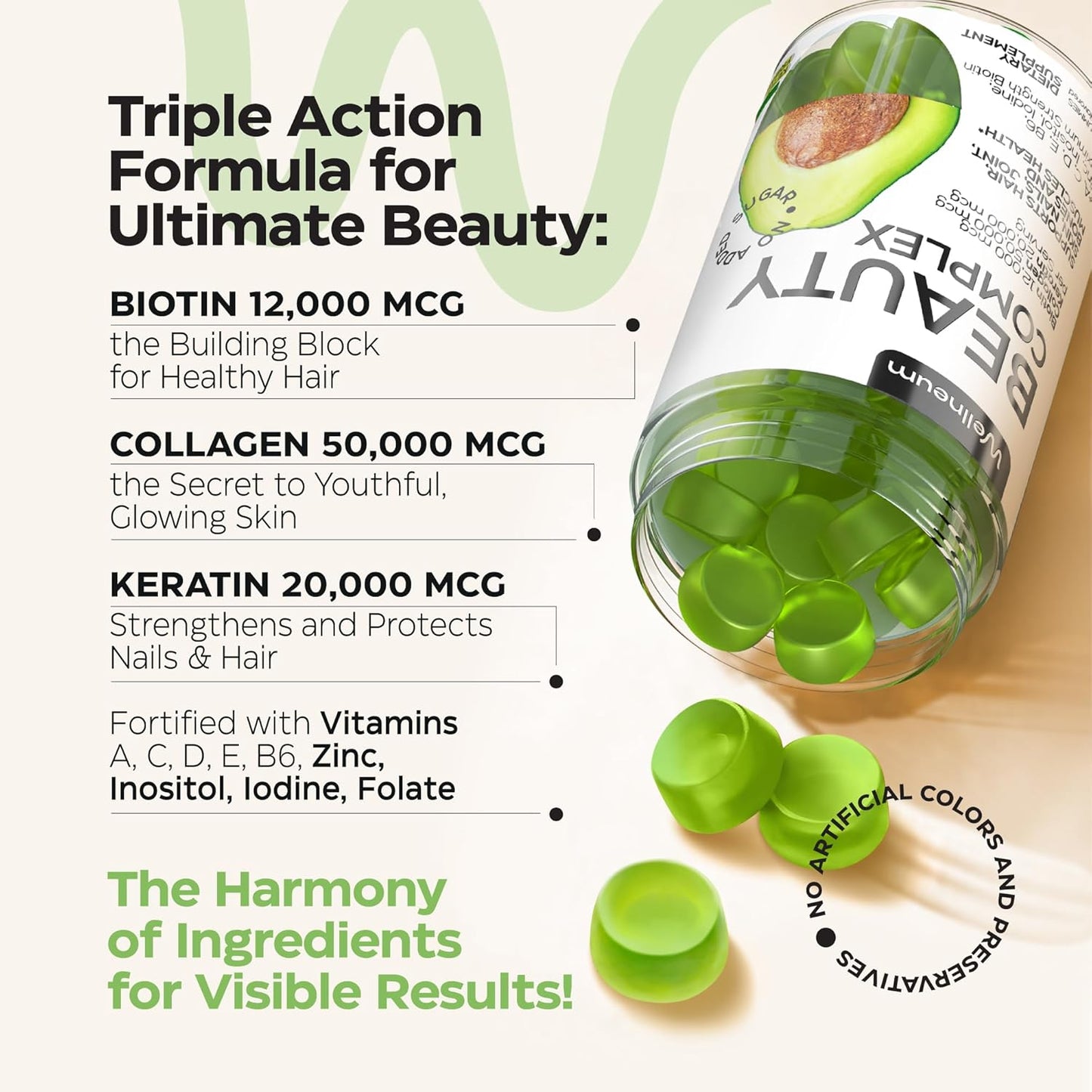 Biotin and Collagen Gummies 12000 Mcg for Hair, Skin, and Nails - Keratin Chewables - Beauty Supplement for Women and Men - Sugar Free, Non-GMO Beauty Gummies