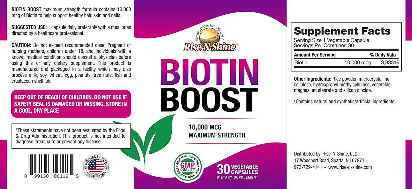 Biotin Boost 10,000 mcg Capsules for Hair, Skin, Nails, and Lashes - 30 Count Pack