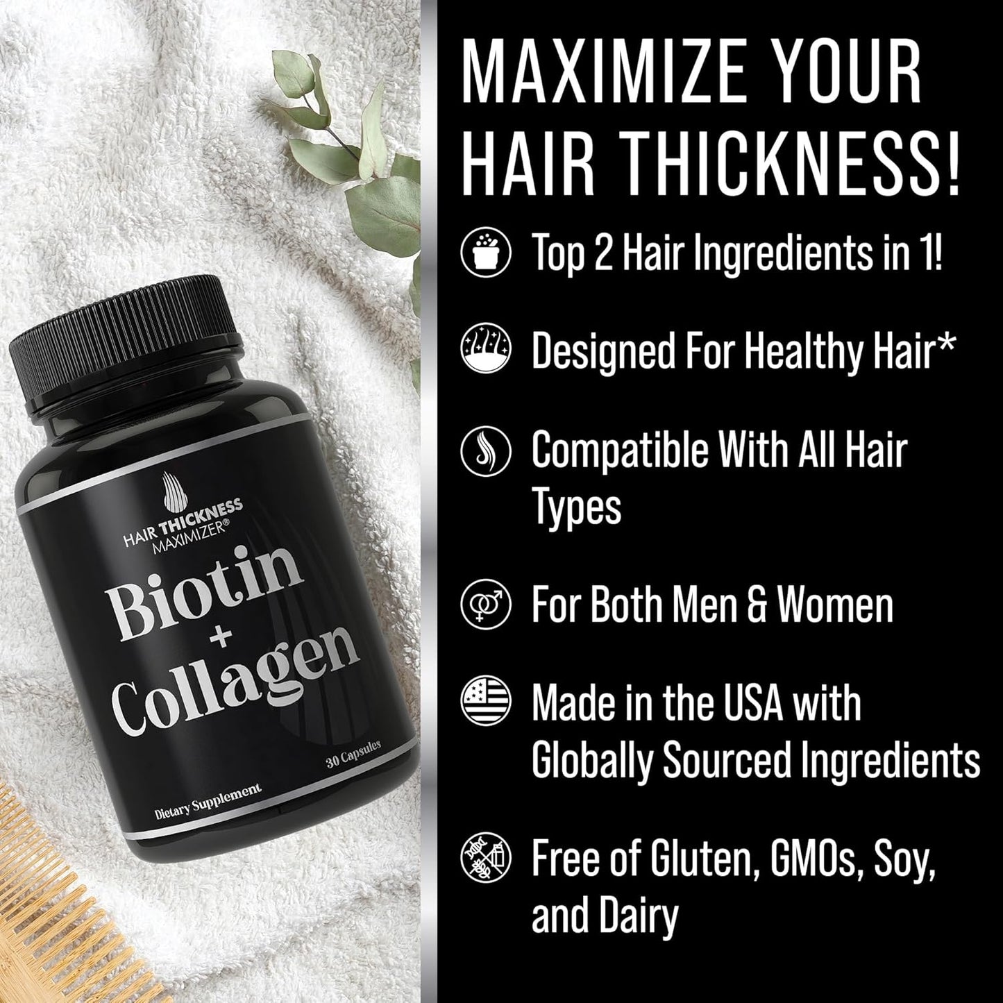 Biotin & Collagen Hair Growth Supplements - Maximize Hair Thickness with 10000mcg Biotin and Bovine Collagen - Hair Thickening Vitamins Complex