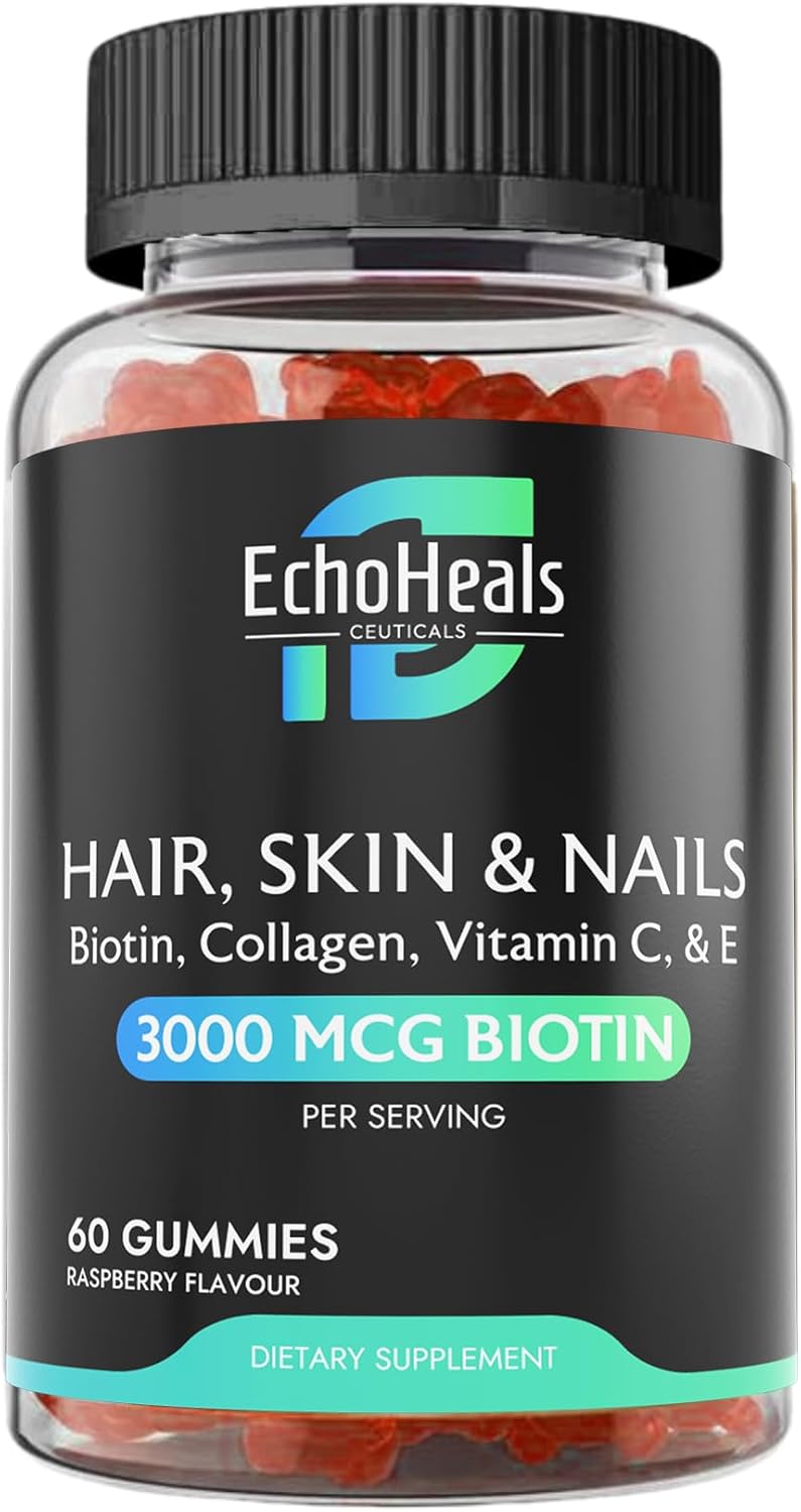Biotin Collagen Hair, Skin & Nail Gummies with Vitamin C & E - 3000mcg Biotin - Raspberry Flavor - 60 Gummies