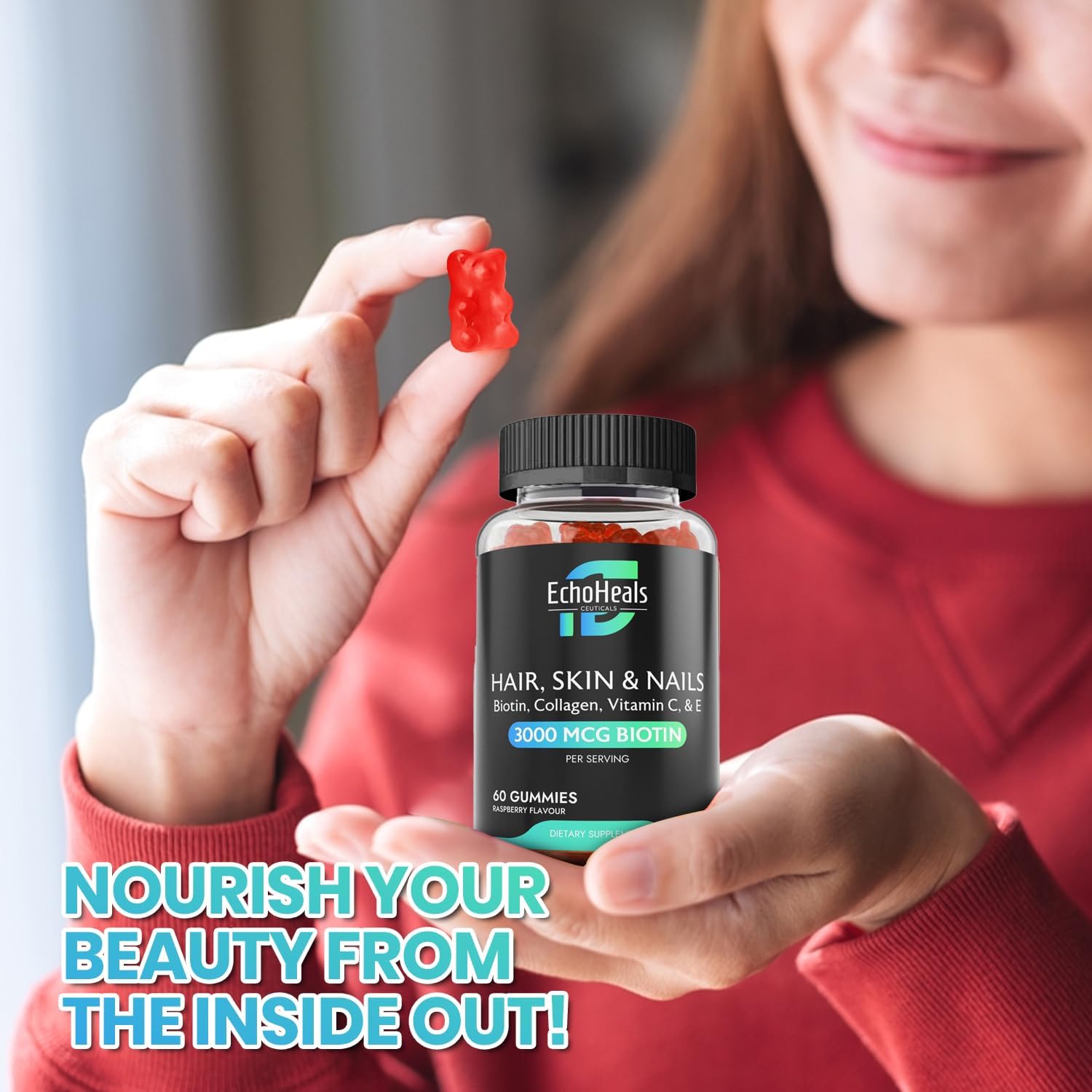 Biotin Collagen Hair, Skin & Nail Gummies with Vitamin C & E - 3000mcg Biotin - Raspberry Flavor - 60 Gummies