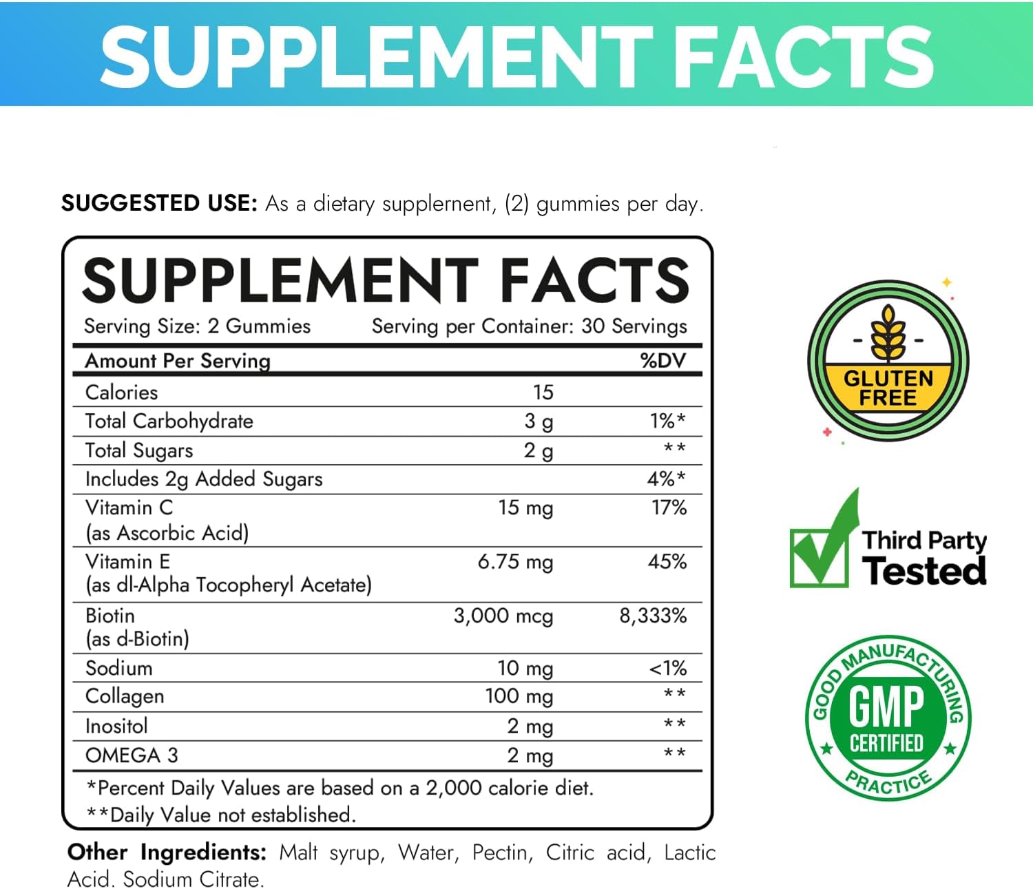 Biotin Collagen Hair, Skin & Nail Gummies with Vitamin C & E - 3000mcg Biotin - Raspberry Flavor - 60 Gummies