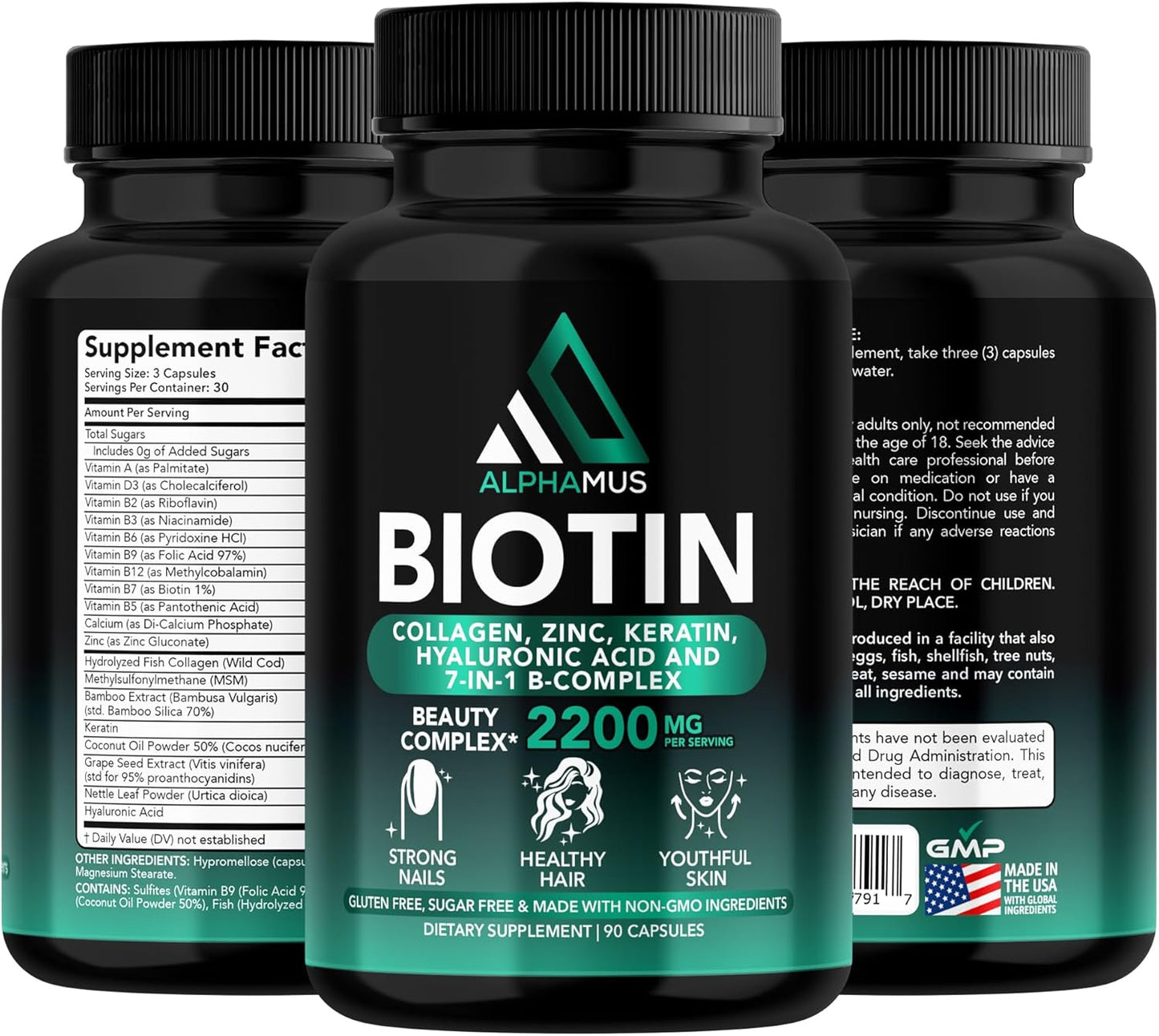 Biotin, Collagen, Keratin Supplements for Hair Growth, Skin & Nail Health - 5000mcg Capsules with Hyaluronic Acid & Vitamin-B Complex - 90 Capsules for Women & Men