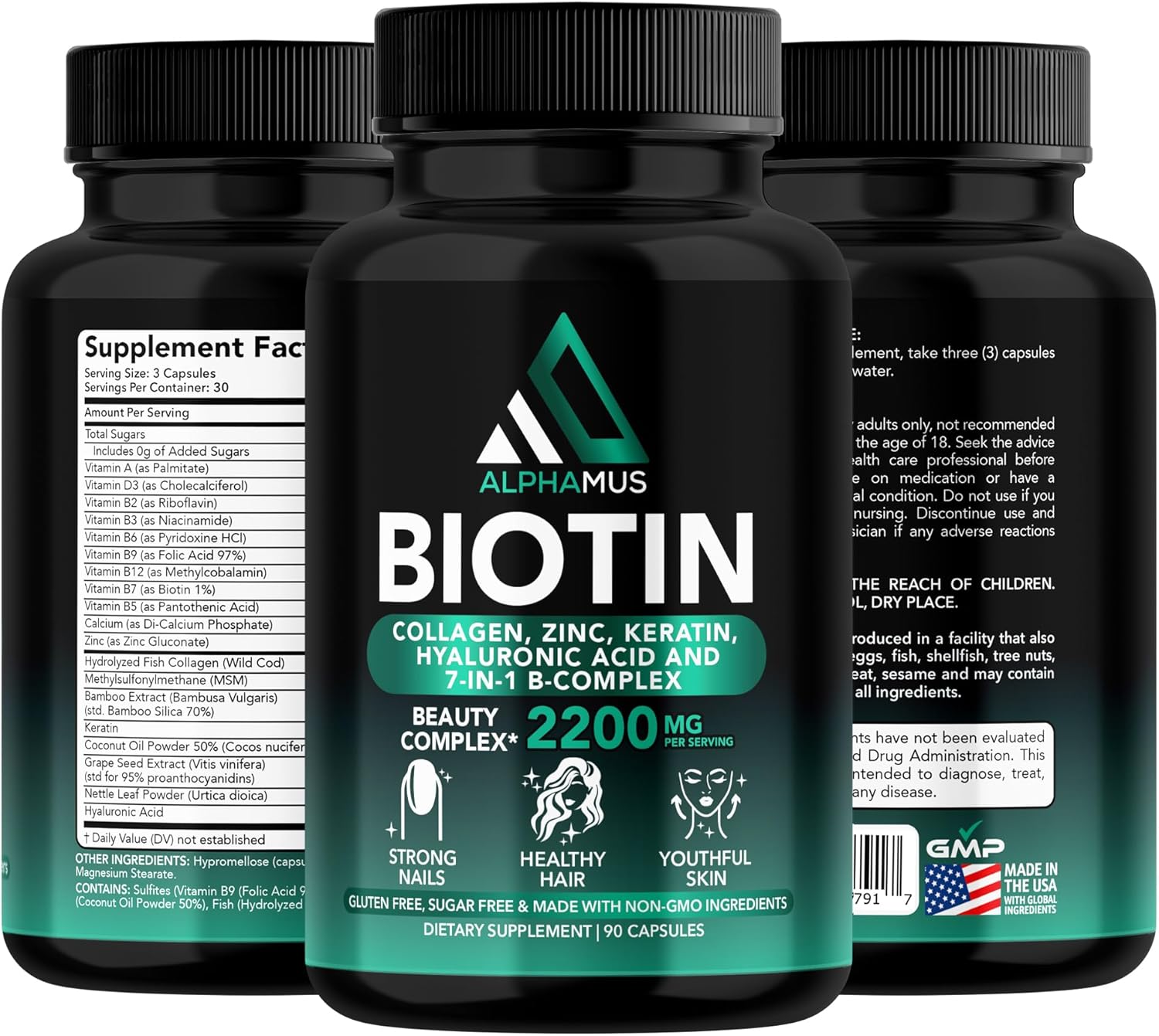 Biotin, Collagen, Keratin Supplements for Hair Growth, Skin & Nail Health - 5000mcg Capsules with Hyaluronic Acid & Vitamin-B Complex - 90 Capsules for Women & Men