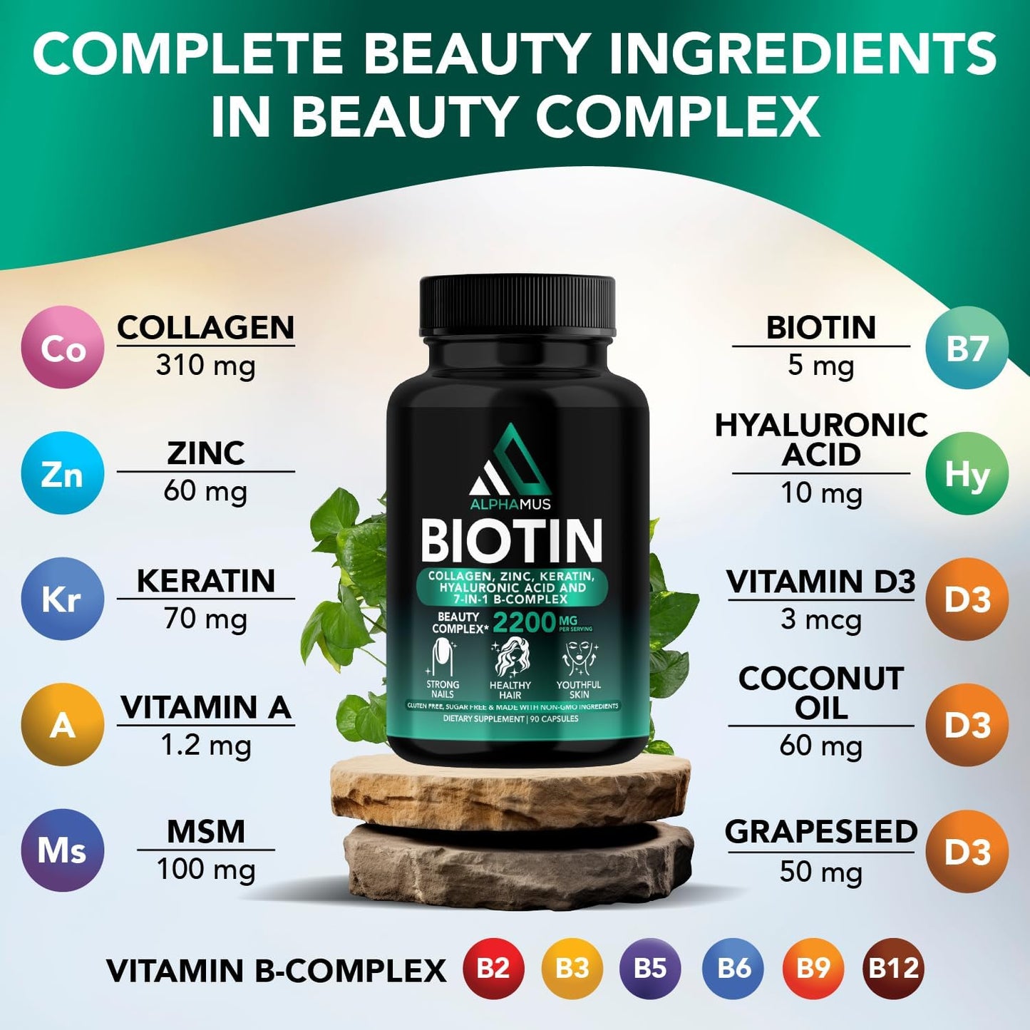Biotin, Collagen, Keratin Supplements for Hair Growth, Skin & Nail Health - 5000mcg Capsules with Hyaluronic Acid & Vitamin-B Complex - 90 Capsules for Women & Men