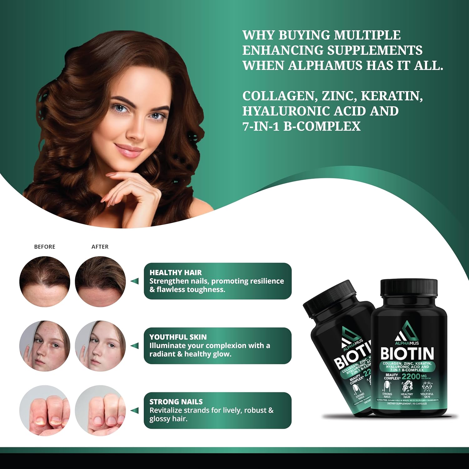 Biotin, Collagen, Keratin Supplements for Hair Growth, Skin & Nail Health - 5000mcg Capsules with Hyaluronic Acid & Vitamin-B Complex - 90 Capsules for Women & Men