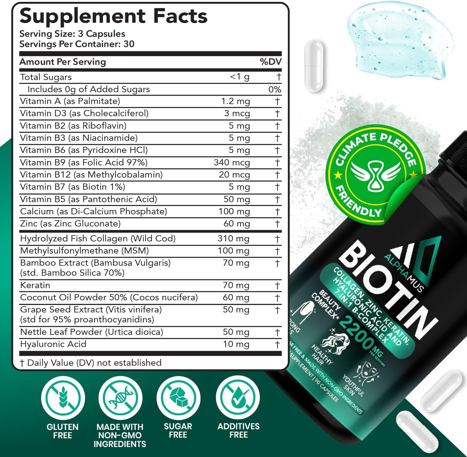 Biotin, Collagen, Keratin Supplements for Hair Growth, Skin & Nail Health - 5000mcg Capsules with Hyaluronic Acid & Vitamin-B Complex - 90 Capsules for Women & Men