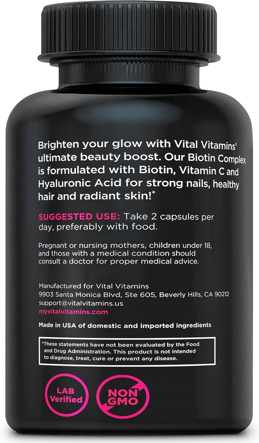 Biotin Complex Pills with Hyaluronic Acid, MSM, Collagen & Vitamin C - 60 Capsules for Hair, Skin & Nails