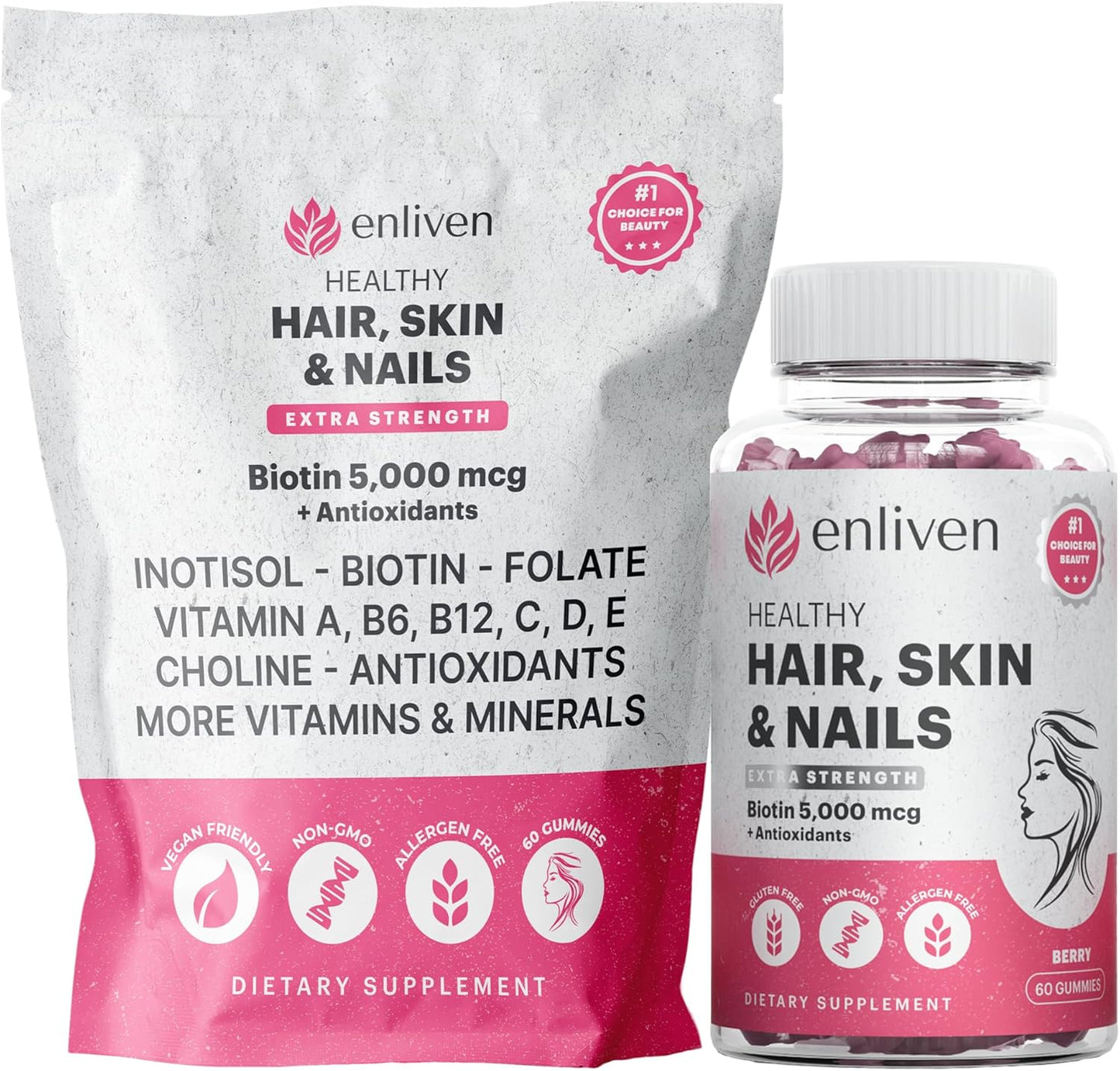Biotin Gummies 5000mcg for Hair Growth, Skin Care, and Nails - Berry Flavor (60 Gummies) by enliven