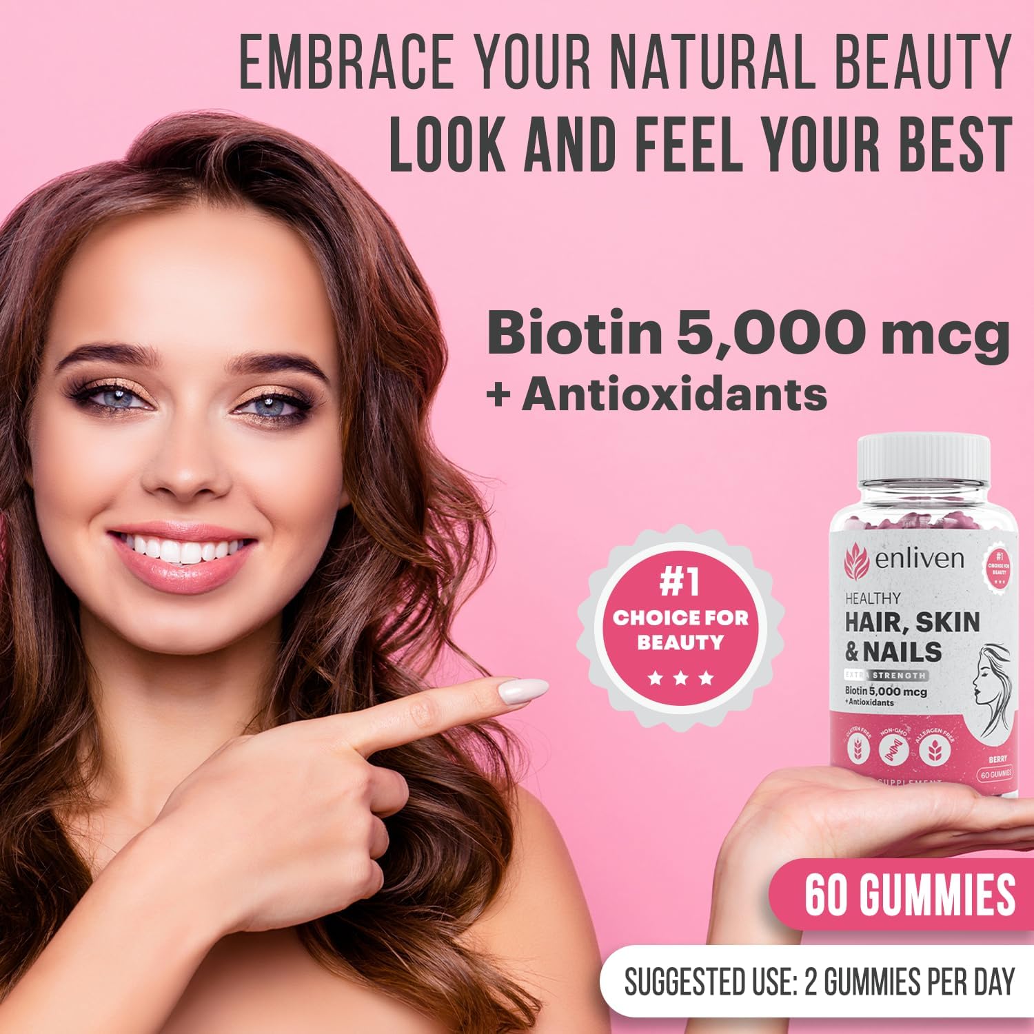 Biotin Gummies 5000mcg for Hair Growth, Skin Care, and Nails - Berry Flavor (60 Gummies) by enliven