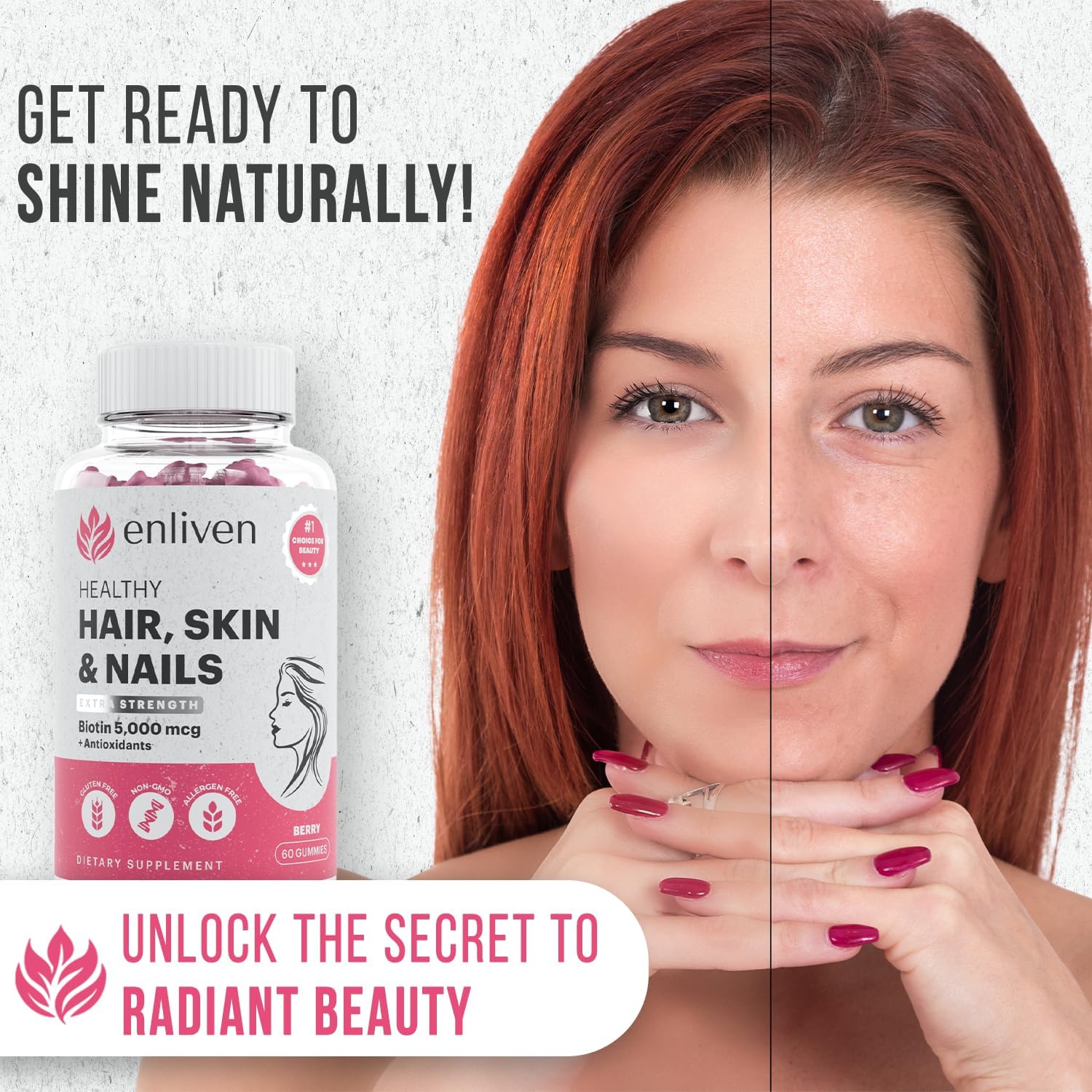 Biotin Gummies 5000mcg for Hair Growth, Skin Care, and Nails - Berry Flavor (60 Gummies) by enliven