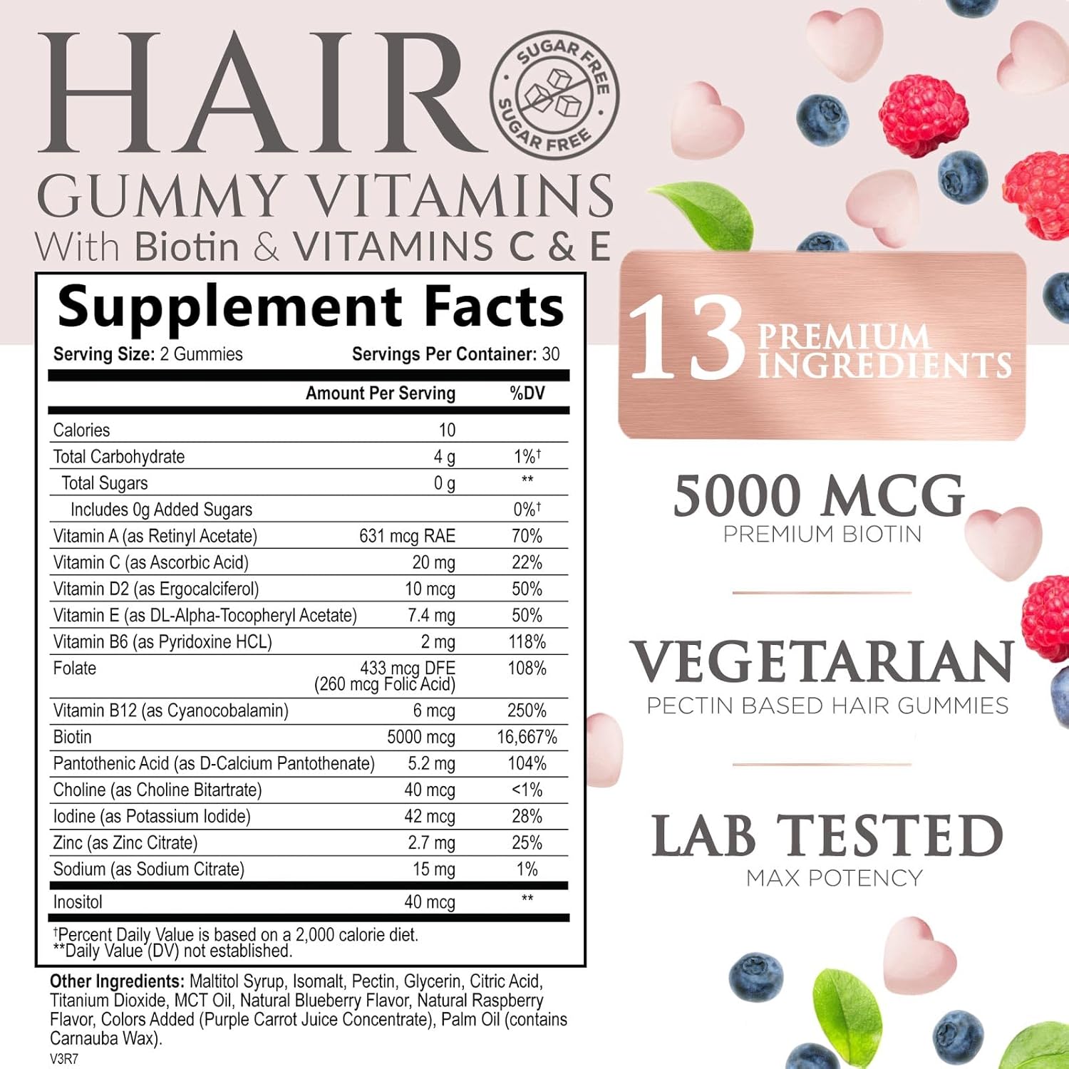 Biotin Gummies for Hair Growth, Vitamin-Enriched Vegetarian Supplement - 60 Sugar-Free Gummies with Vitamins A, B12, C, D, E, Folic Acid - Promotes Strong, Beautiful Hair and Nails