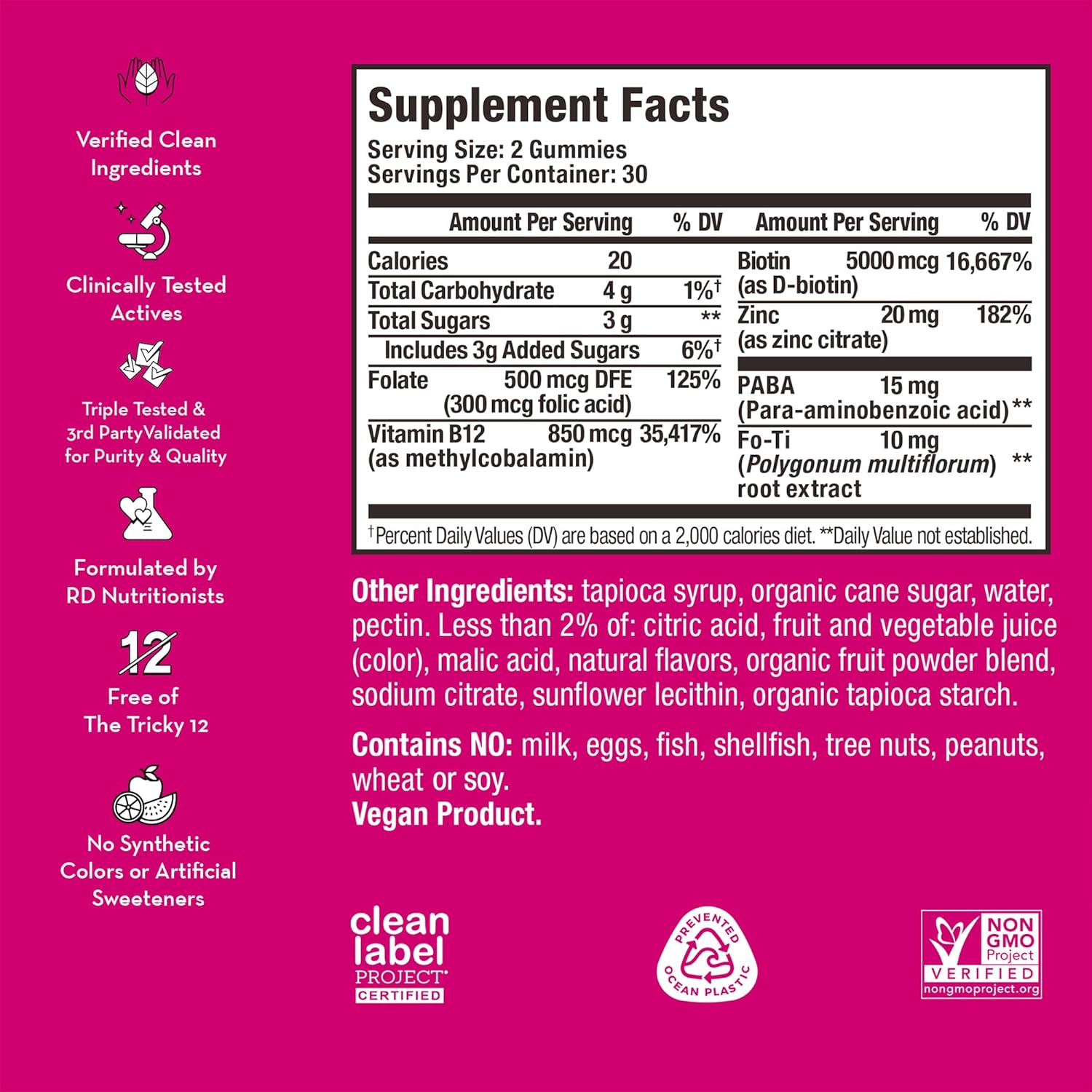 Biotin Gummies for Hair Growth with Fo Ti, Folic Acid, Zinc, Vitamin B12 & PABA - Hair, Skin, and Nails Support for Women and Men (60-Count)