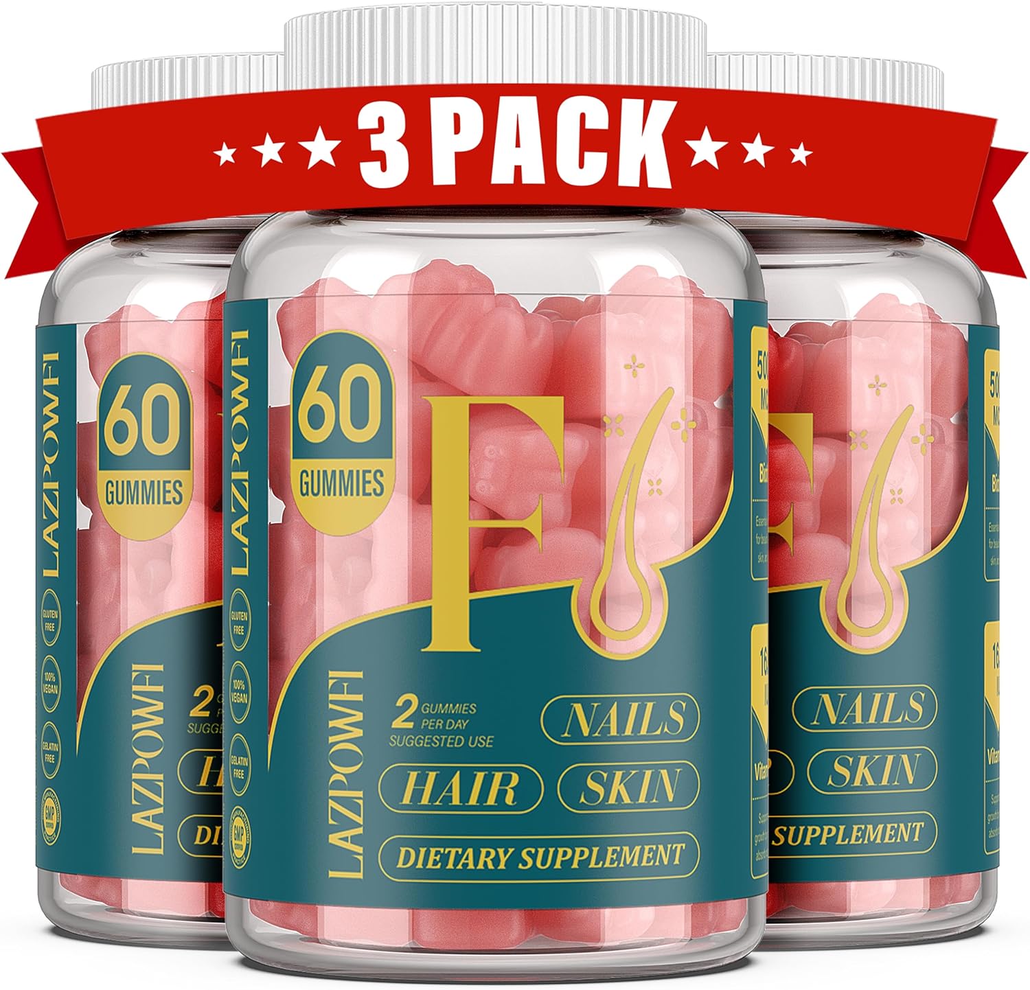 Biotin Gummies for Hair, Skin, and Nails - Vegan Vitamin B7 Supplement for Men & Women - Supports Hair Growth and Strong Nails - 90 Day Supply - Raspberry - Pack of 3