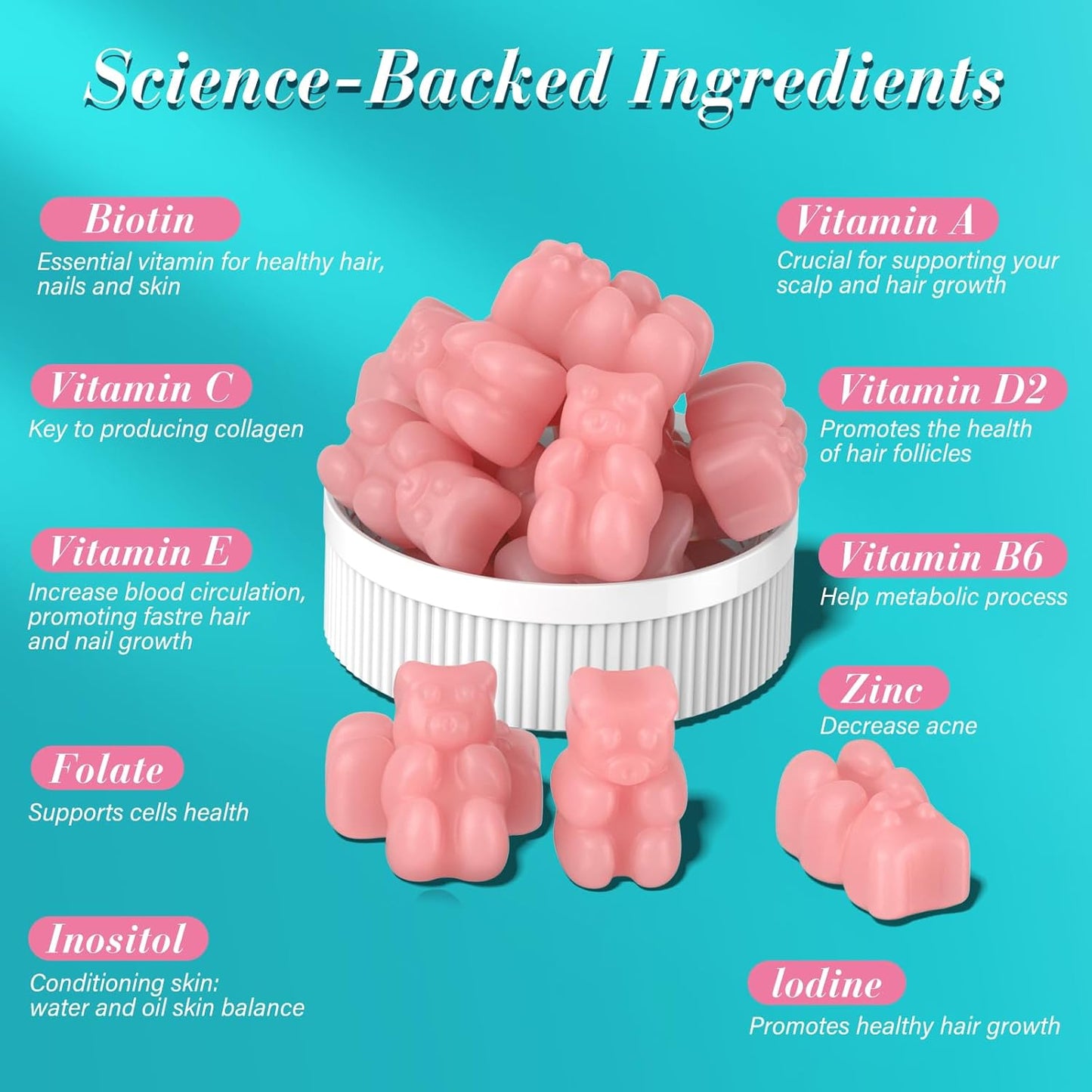 Biotin Gummies for Hair, Skin, and Nails - Vegan Vitamin B7 Supplement for Men & Women - Supports Hair Growth and Strong Nails - 90 Day Supply - Raspberry - Pack of 3