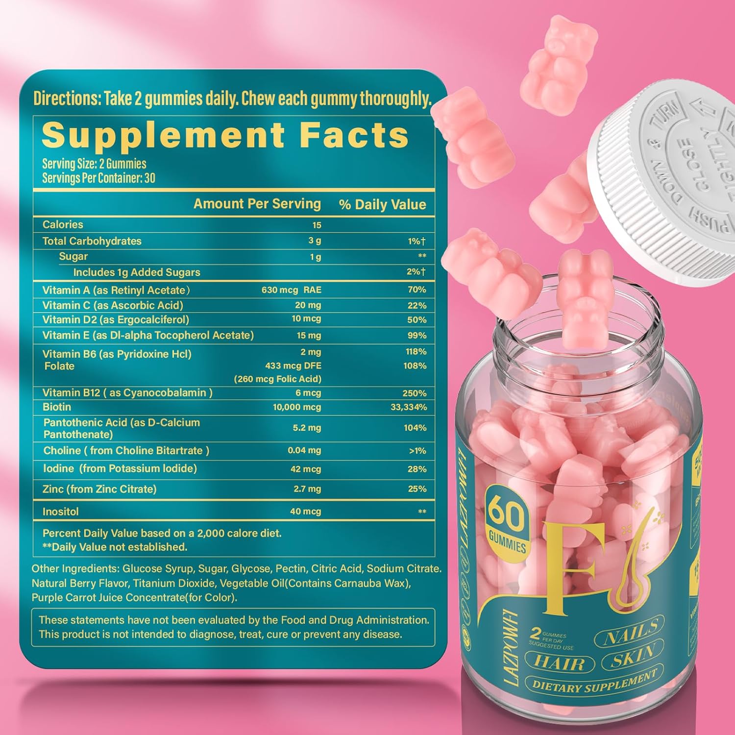 Biotin Gummies for Hair, Skin, and Nails - Vegan Vitamin B7 Supplement for Men & Women - Supports Hair Growth and Strong Nails - 90 Day Supply - Raspberry - Pack of 3