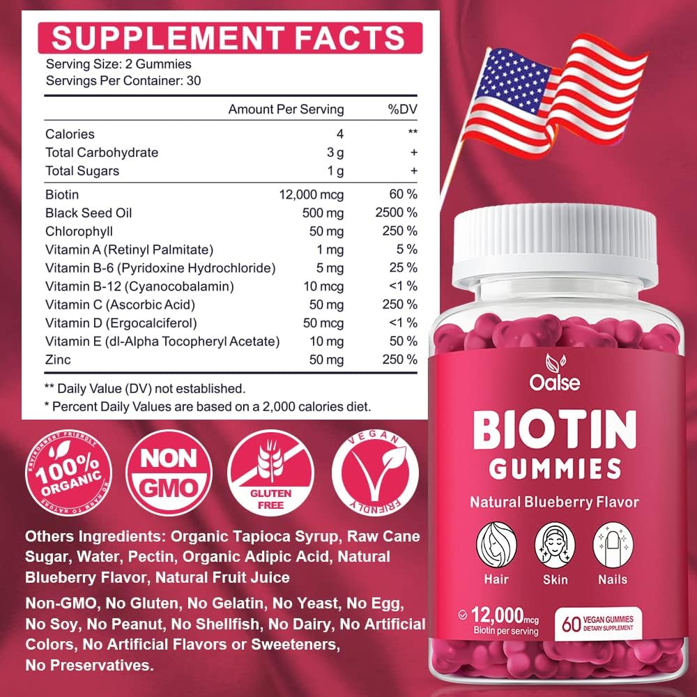 Biotin Gummies with Chlorophyll, Black Seed Oil, Multivitamins, and Zinc - Hair, Skin, and Nails Support - 60 Count Pack for Women and Men
