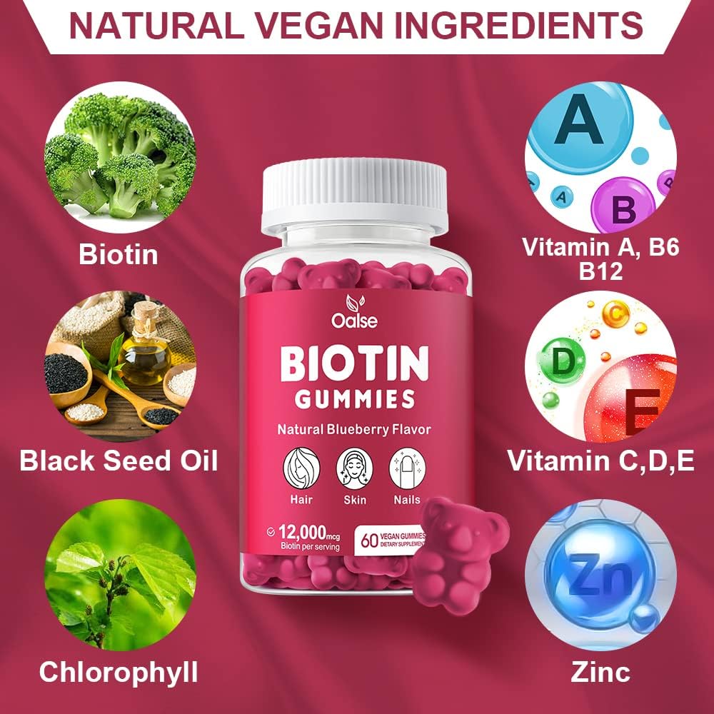 Biotin Gummies with Chlorophyll, Black Seed Oil, Multivitamins, and Zinc - Hair, Skin, and Nails Support - 60 Count Pack for Women and Men