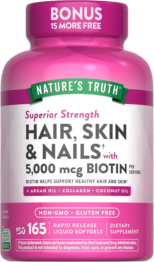 Biotin Hair, Skin & Nails Vitamin with Collagen | 5000 mcg | 165 Softgels | Non-GMO & Gluten Free