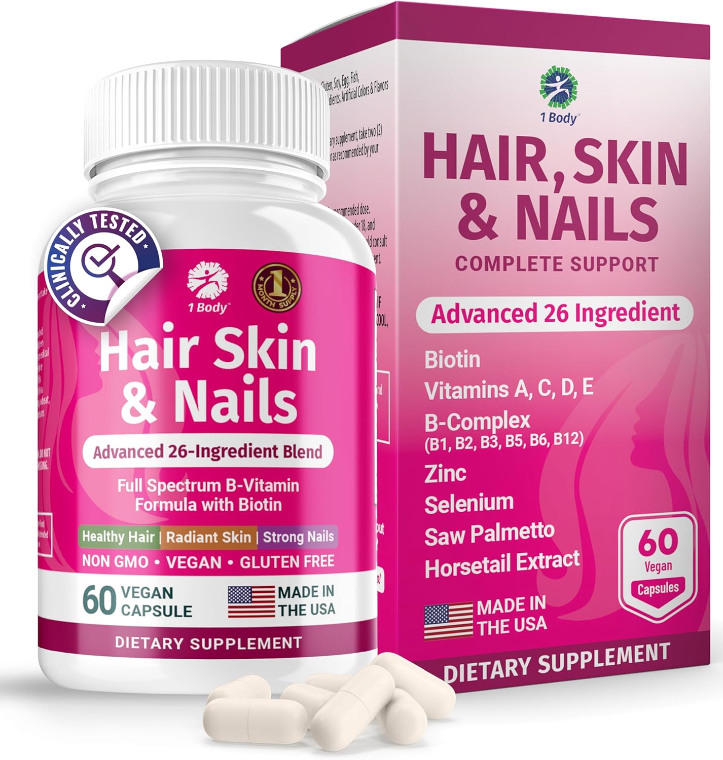 Biotin Hair Skin Nails Vitamins - 26 Vitamins Minerals Herb Extracts - Hair Nail Growth, Skin Glow - Men Women - 60 Vegan Capsules