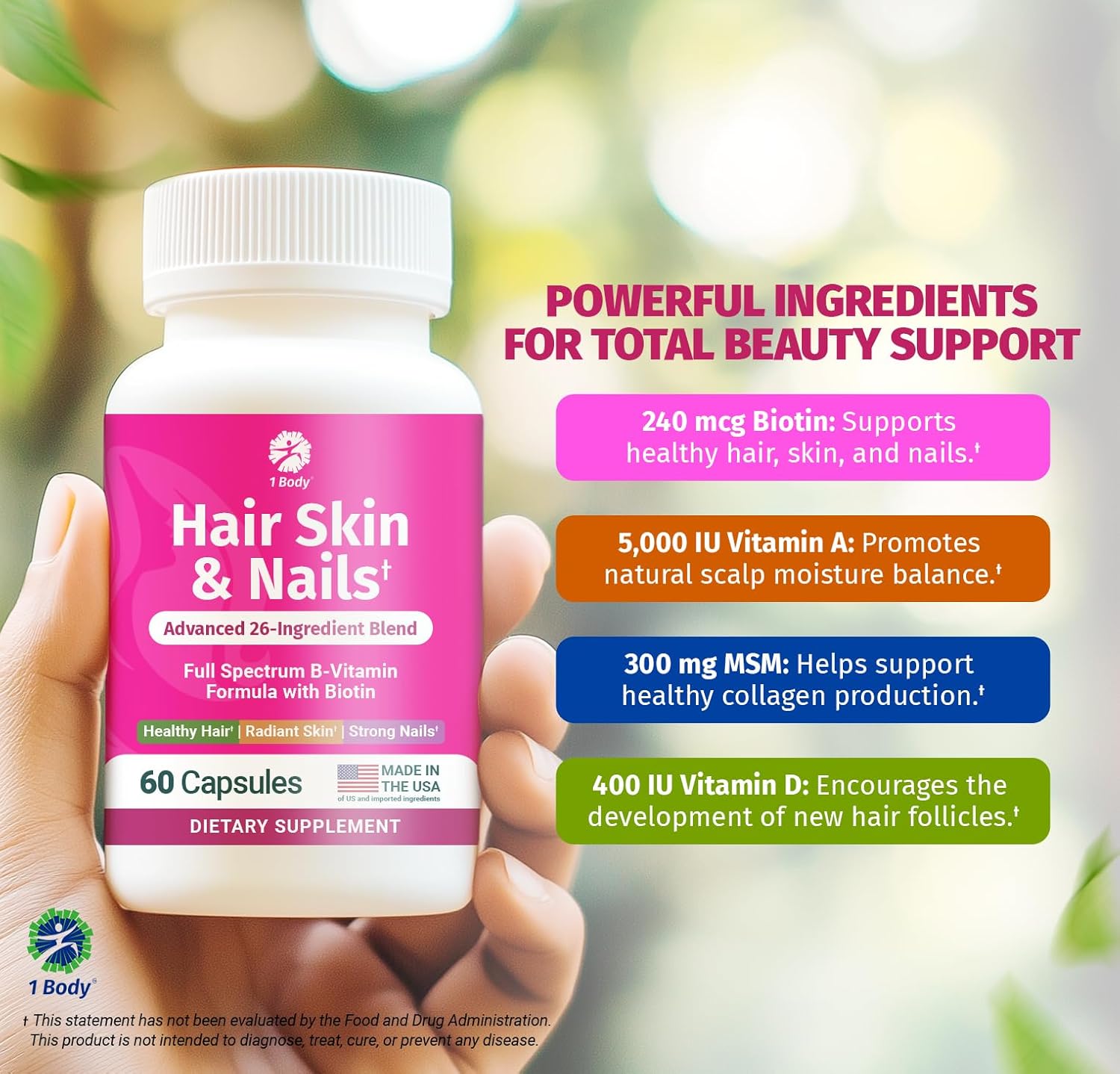 Biotin Hair Skin Nails Vitamins - 26 Vitamins Minerals Herb Extracts - Hair Nail Growth, Skin Glow - Men Women - 60 Vegan Capsules