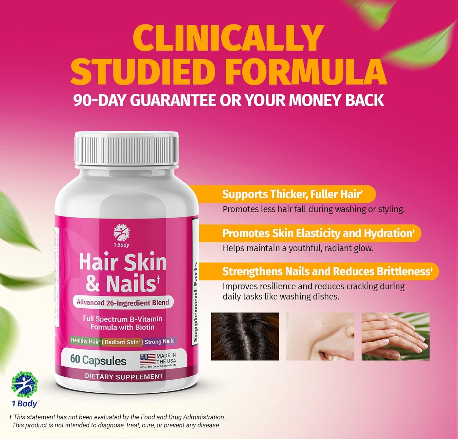 Biotin Hair Skin Nails Vitamins - 26 Vitamins Minerals Herb Extracts - Hair Nail Growth, Skin Glow - Men Women - 60 Vegan Capsules