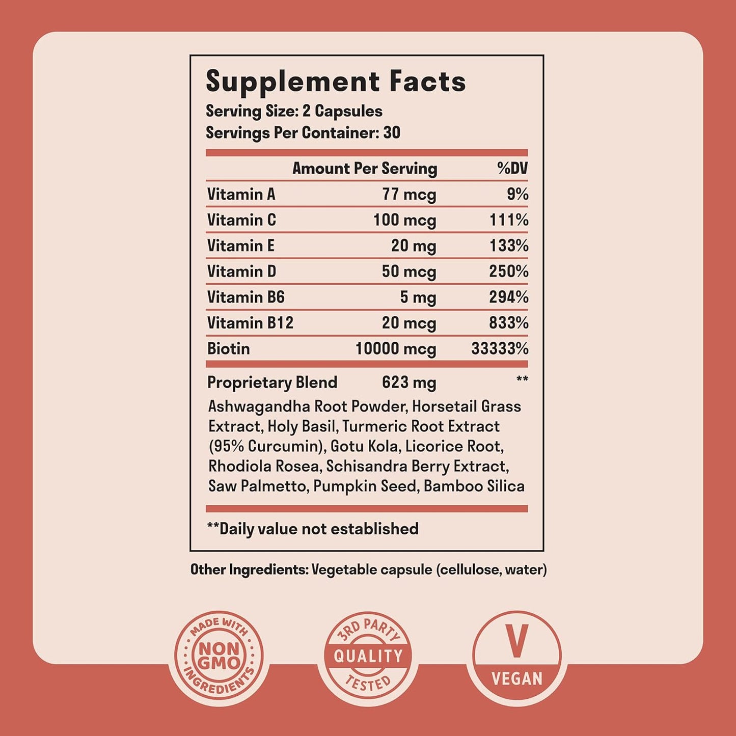 Biotin Hair Vitamins with Essential Vitamins & Adaptogens for Hair, Skin, & Nails - Vegan & Non-GMO Supplement for Health & Growth - 60 Capsules