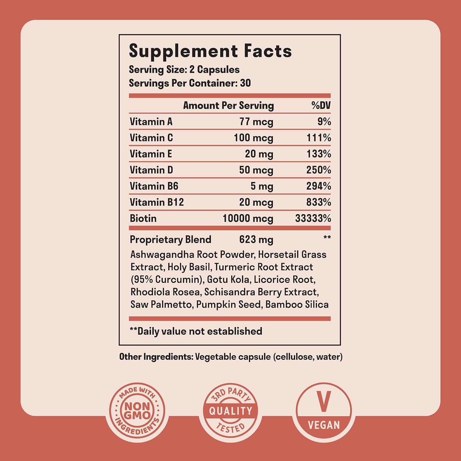 Biotin Hair Vitamins with Essential Vitamins & Adaptogens for Hair, Skin, & Nails - Vegan & Non-GMO Supplement for Health & Growth - 60 Capsules