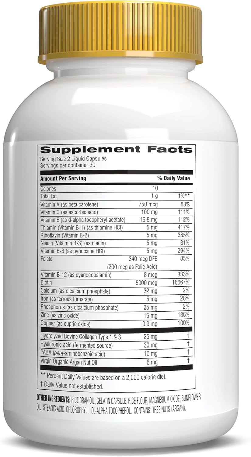 Biotin Supplement for Hair, Skin, and Nails with Collagen, Vitamin C, Iron, Argan Oil, and Hyaluronic Acid - 60 Liquid Capsules