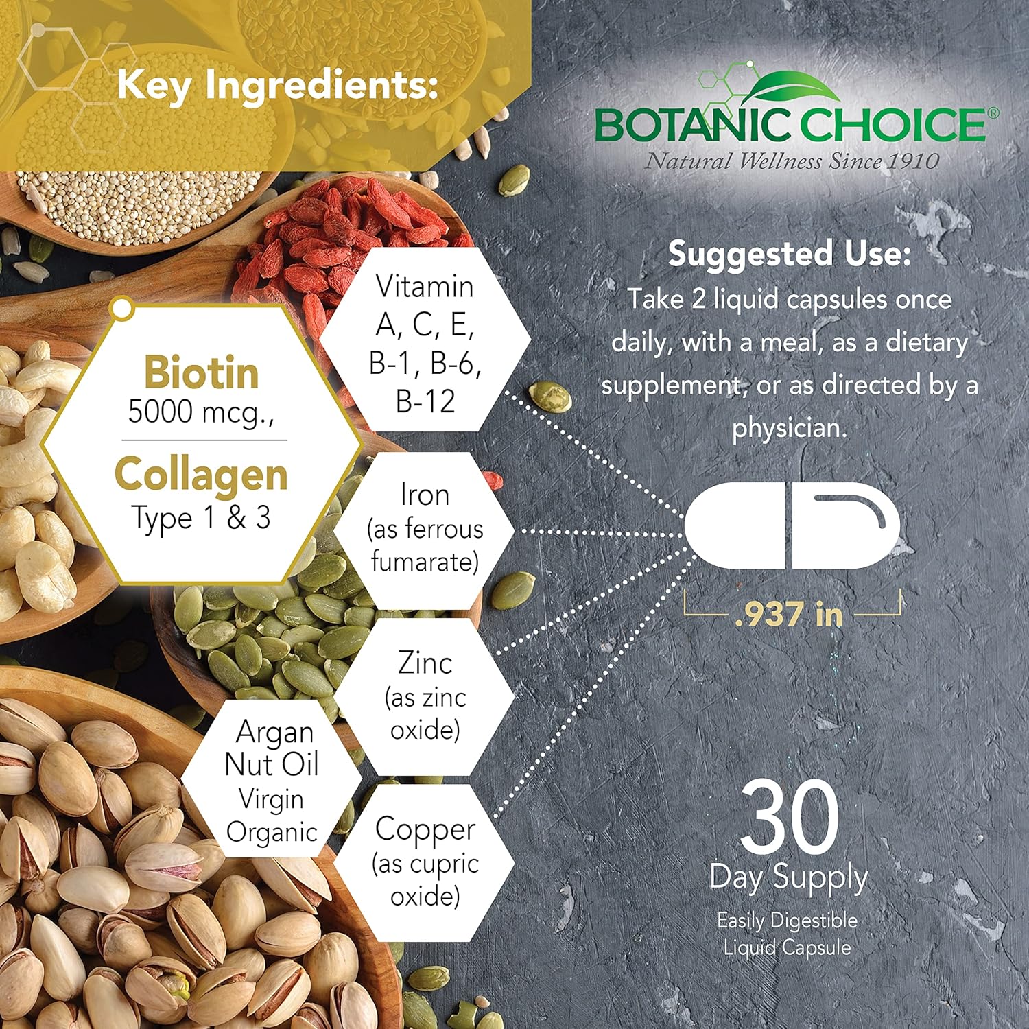 Biotin Supplement for Hair, Skin, and Nails with Collagen, Vitamin C, Iron, Argan Oil, and Hyaluronic Acid - 60 Liquid Capsules