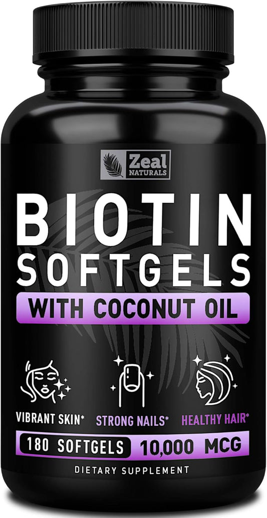Biotin with Coconut Oil 10000mcg (180 Softgels) - Hair, Skin, Nails Vitamins - Women & Men Hair Growth Supplement