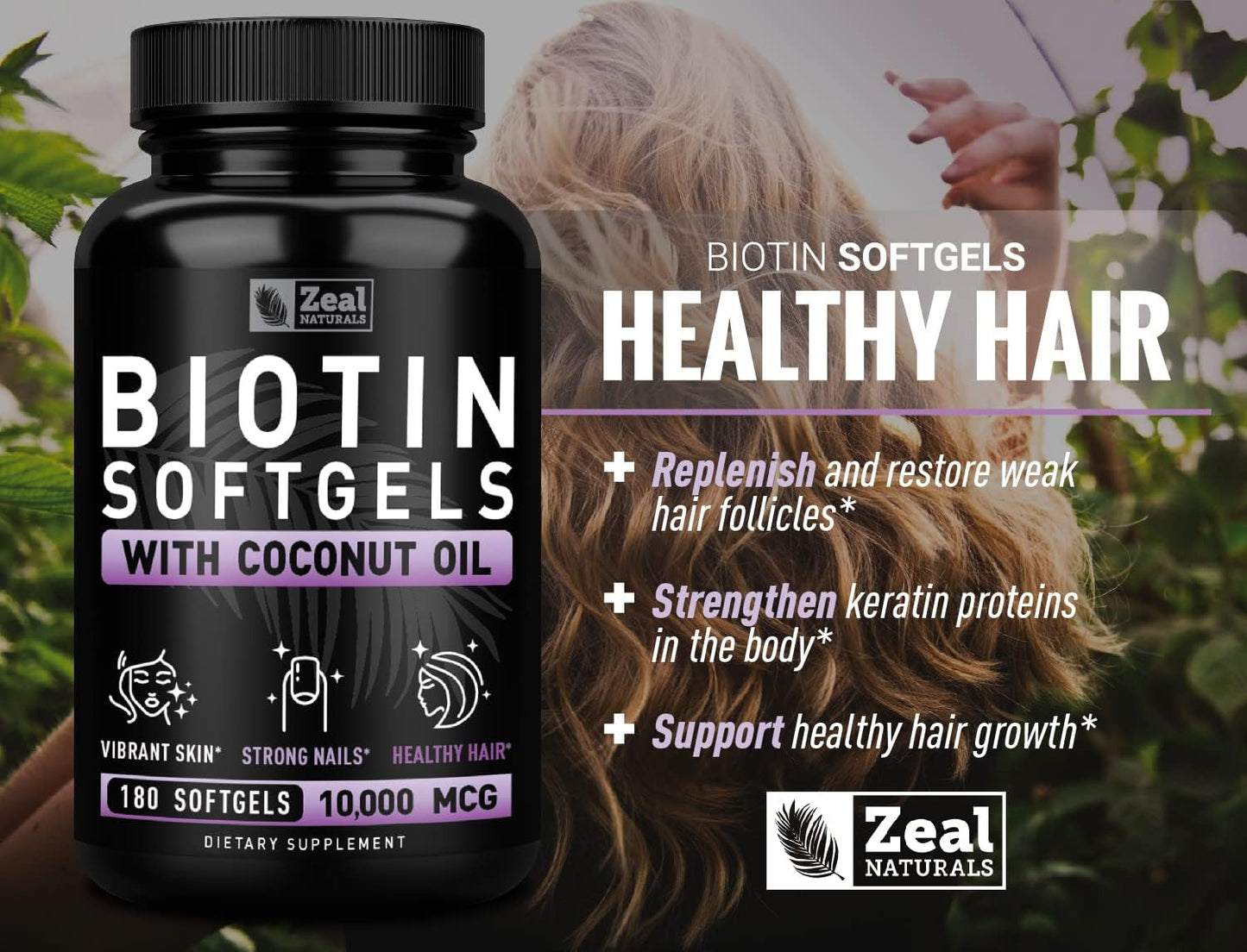 Biotin with Coconut Oil 10000mcg (180 Softgels) - Hair, Skin, Nails Vitamins - Women & Men Hair Growth Supplement
